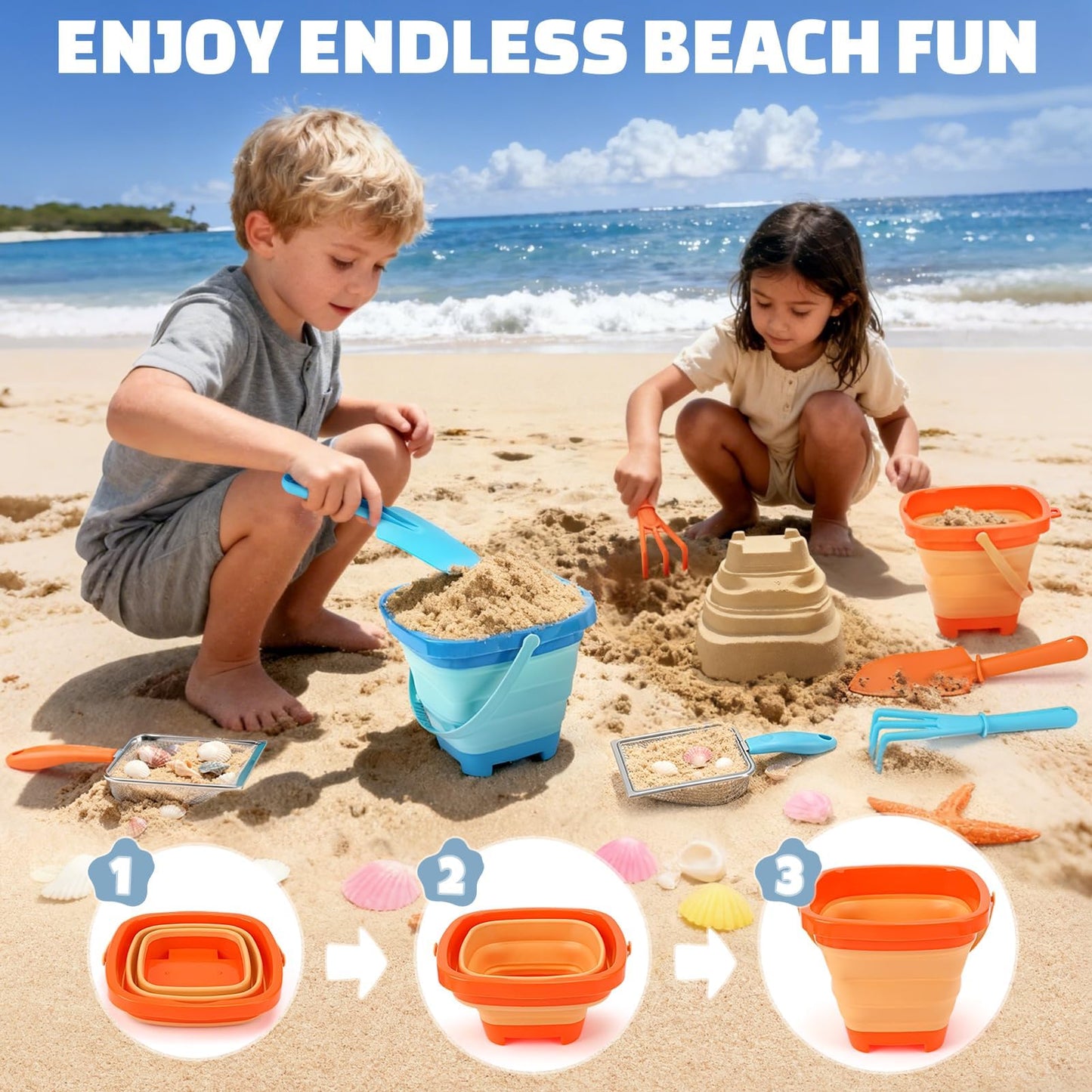 Dreamon Beach Toys, 2 Packs Travel Sand Toys for Kids Ages 4-8 | 10 PCS Sandcastle Building Kit with Collapsible Bucket, Mesh Bag, Sand Sifter, Shovel & Rake, Beach Essentials for Kids
