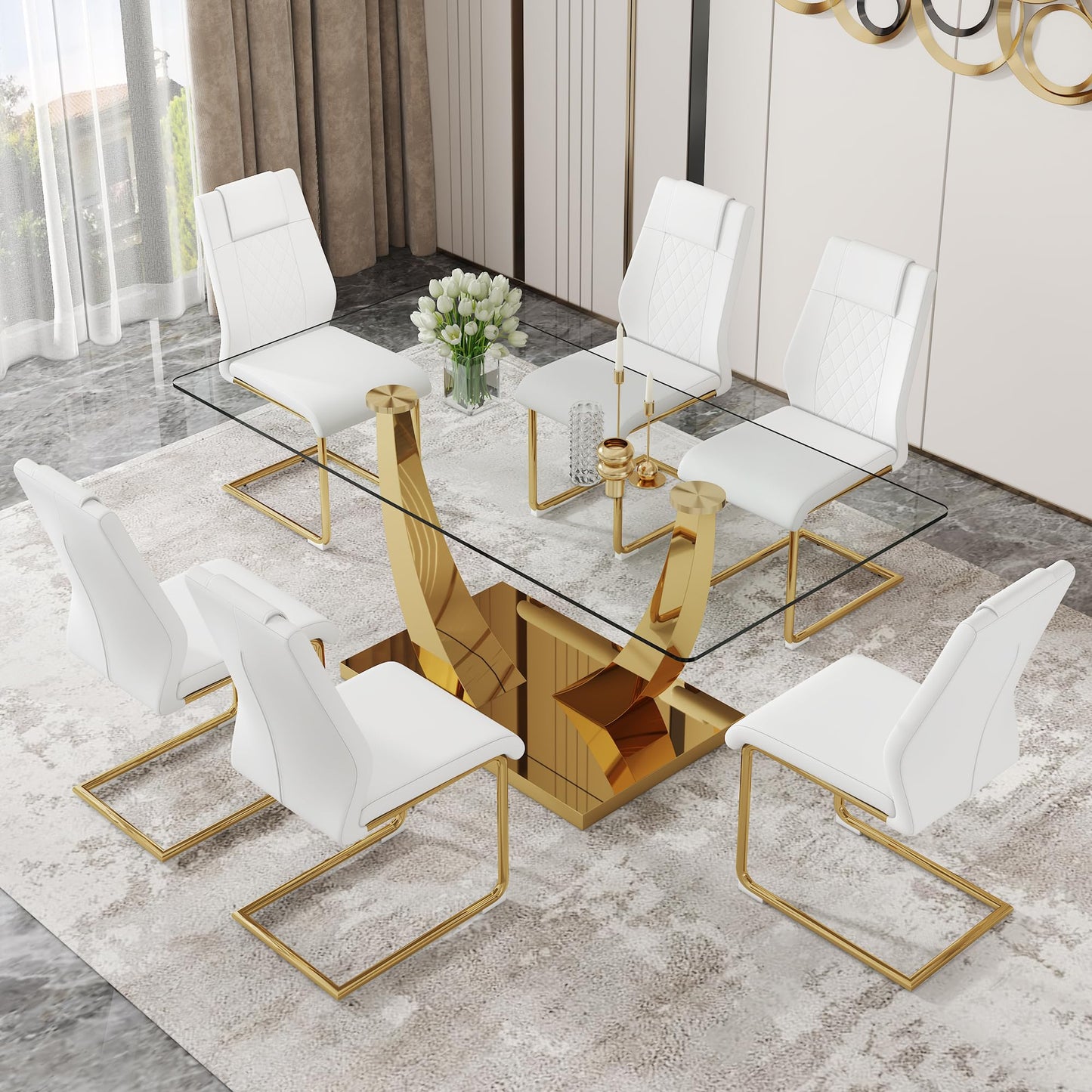 JEARGE Glass Dining Table Set for 6, Modern Kitchen Table Set for 6, 71" Tempered Glass Tabletop with U-Shaped Gold Base, 7 Ppiece Large Dining Room Table Set with White PU Leather Chairs