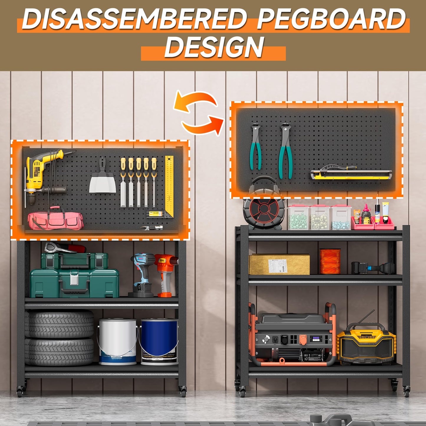 TOPASS Workbench with Pegboard, Adjustable Heavy Duty Work Table with Wheels, Heavy Duty Workstation, Metal Tool Work Bench for Garage Warehouse Workshop, 48" H x 18" D x 34" W, Black