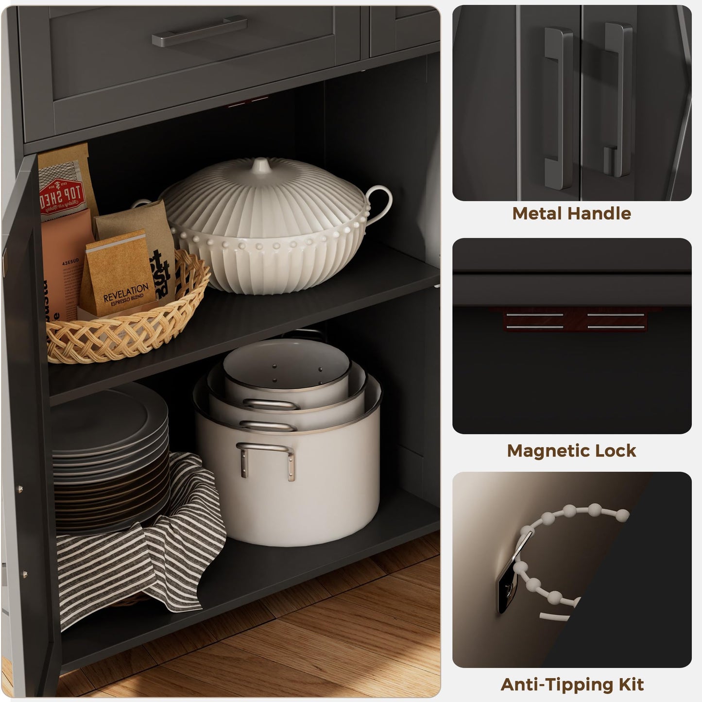 Homhedy Sideboard Buffet Cabinet, Coffee Bar Storage Cabinet with Drawers and Doors, Farmhouse Kitchen Cabinet with Adjustable Shelves, for Kitchen, Dining Room, Living Room, Black