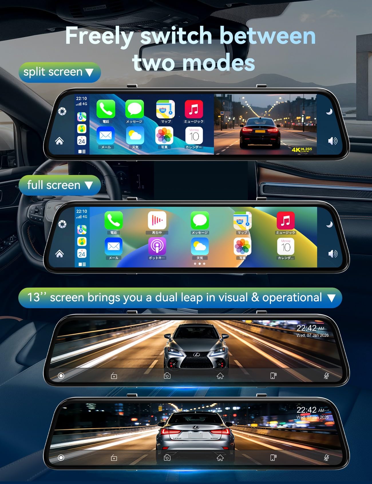 2026 Ultrawide 13’’ 4K Rear View Mirror Camera with Carplay&Android Auto, 5.8GHz WiFi Smart Rearview Mirror with Voice Control/Split Screen, 64GB Card Included,Reverse Assist//Loop Record/G-Sensor