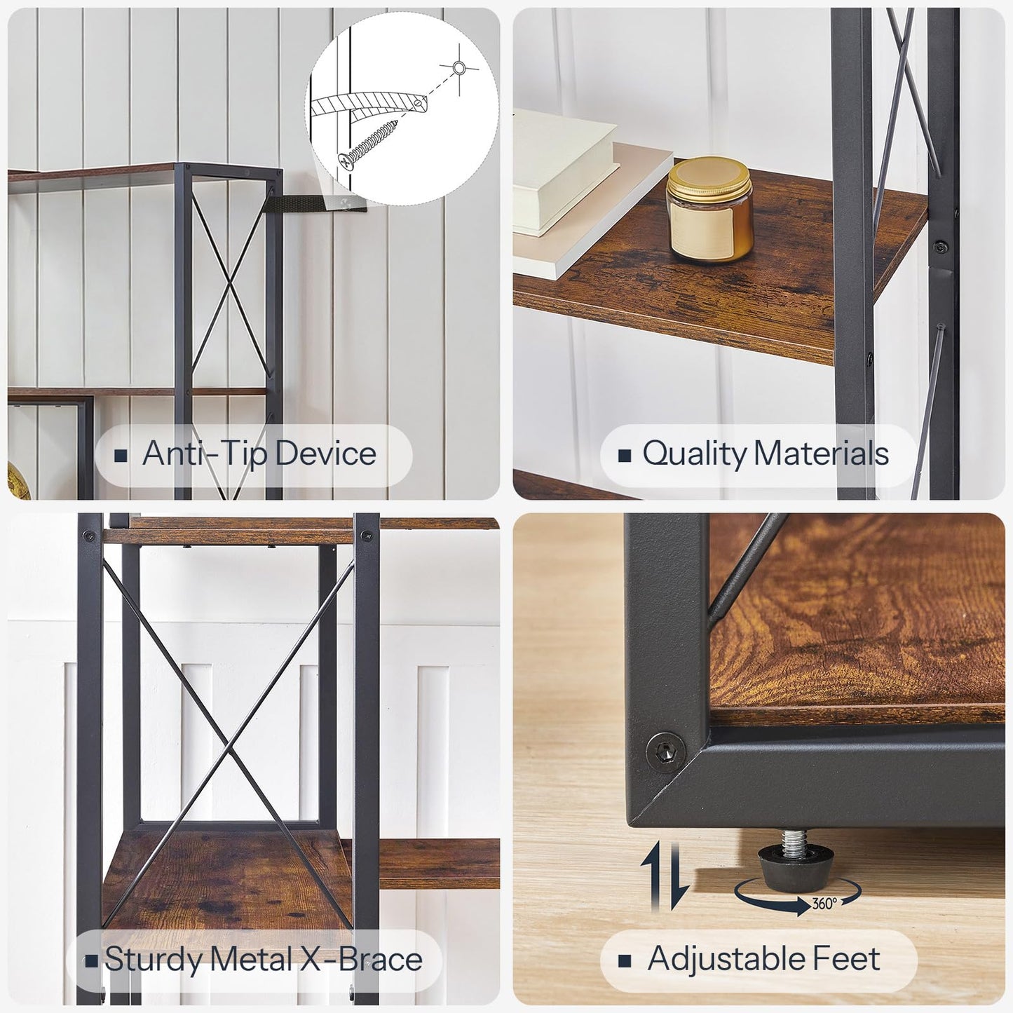 HOOBRO Corner Bookshelf, 5-Tier Industrial Corner Bookcase, Open Display Storage Rack, Vertical or L-Shaped, for Office, Living Room, Bedroom, Rustic Brown and Black BF66SJ01