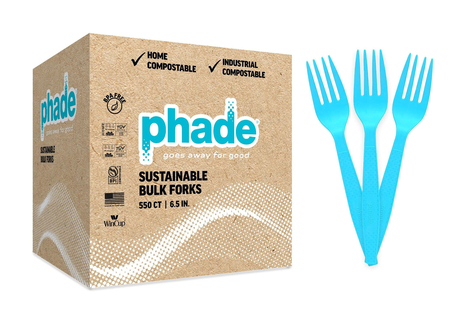 phade 100% Compostable Forks – BPI Certified Sustainable PHA Flatware, 550 Unwrapped Bulk Count, 6.5 Inch Eco-Friendly Disposable Utensils for Home, Catering, Events – Made in USA