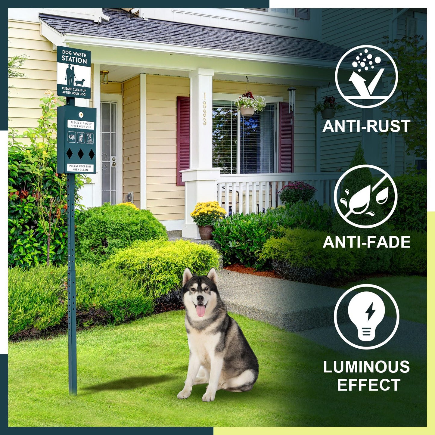 Qinyoung Dog Waste Station with Bags Galvanized Steel Outdoor Pet Bin Dispenser Reflective Sign Rust Proof System for Backyard Commercial Park(1 Pack)