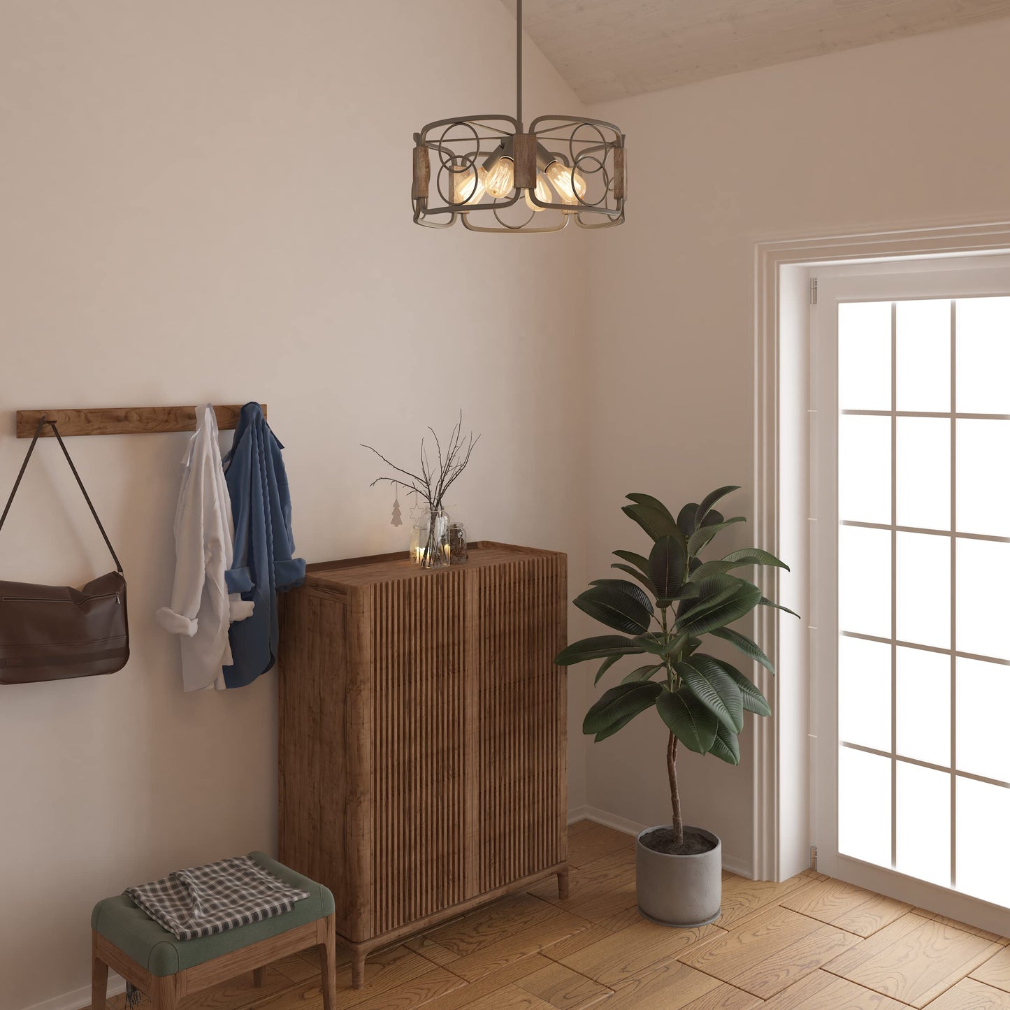 Inlight 16" Modern Farmhouse 4-Light Drum Island Chandelier with Distressed Wood Accents, Brushed Silver Gray Finish, Semi-Flush Convertible Pendant, IN-0336-4-WD