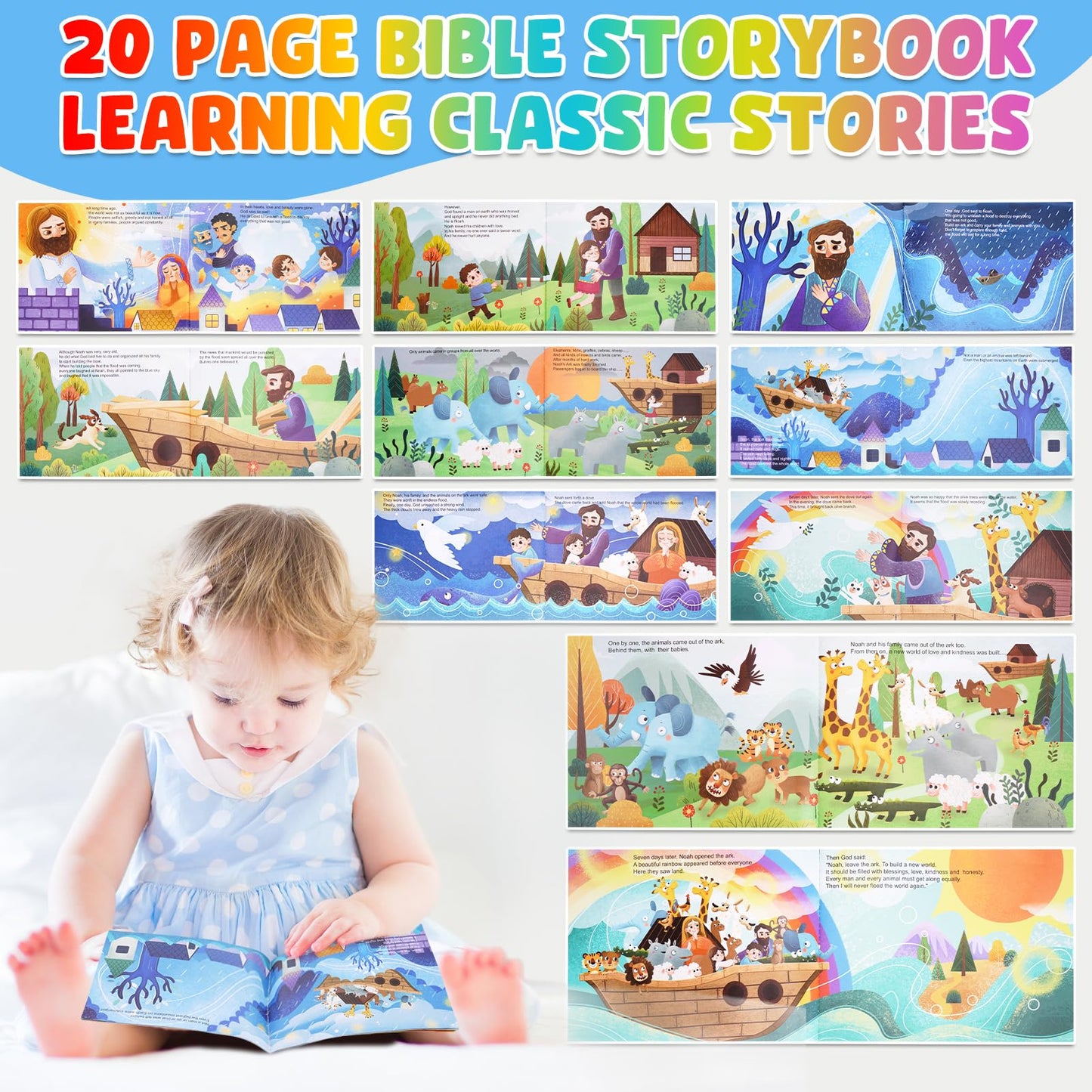 Toddlers Noah's Ark Toys with Wooden Animal Shape Sorters, Baptism Gifts for Girls Boys 2 3 4 Years Old, Montessori Educational Toys for Toddlers, Bible Story Book for Kids Ages 2-4