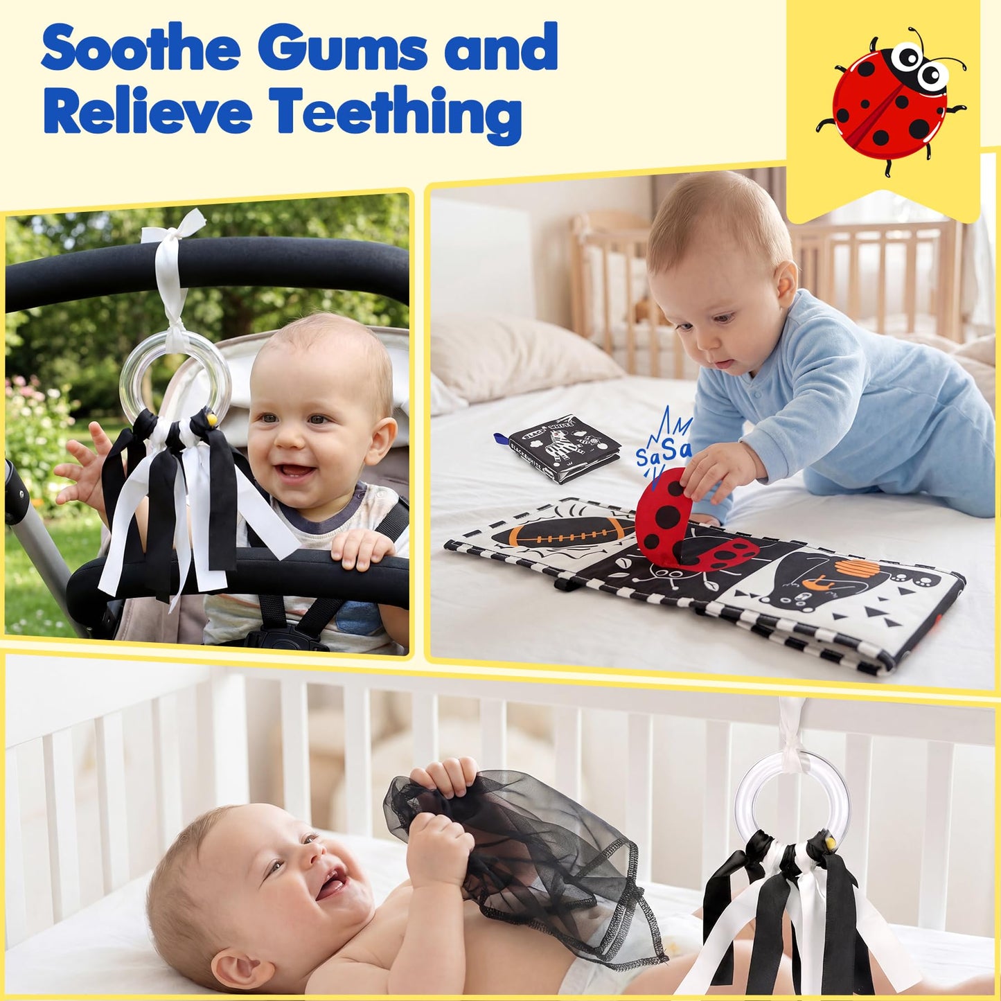 URMYWO 10 Pcs High Contrast Black and White Baby Toys for Newborn, Tummy Time Mirror, Rattle, Teether, Visual Stimulation Learning Cards, Sensory Toys for 0-6 Months, Baby Boy Girl Gift
