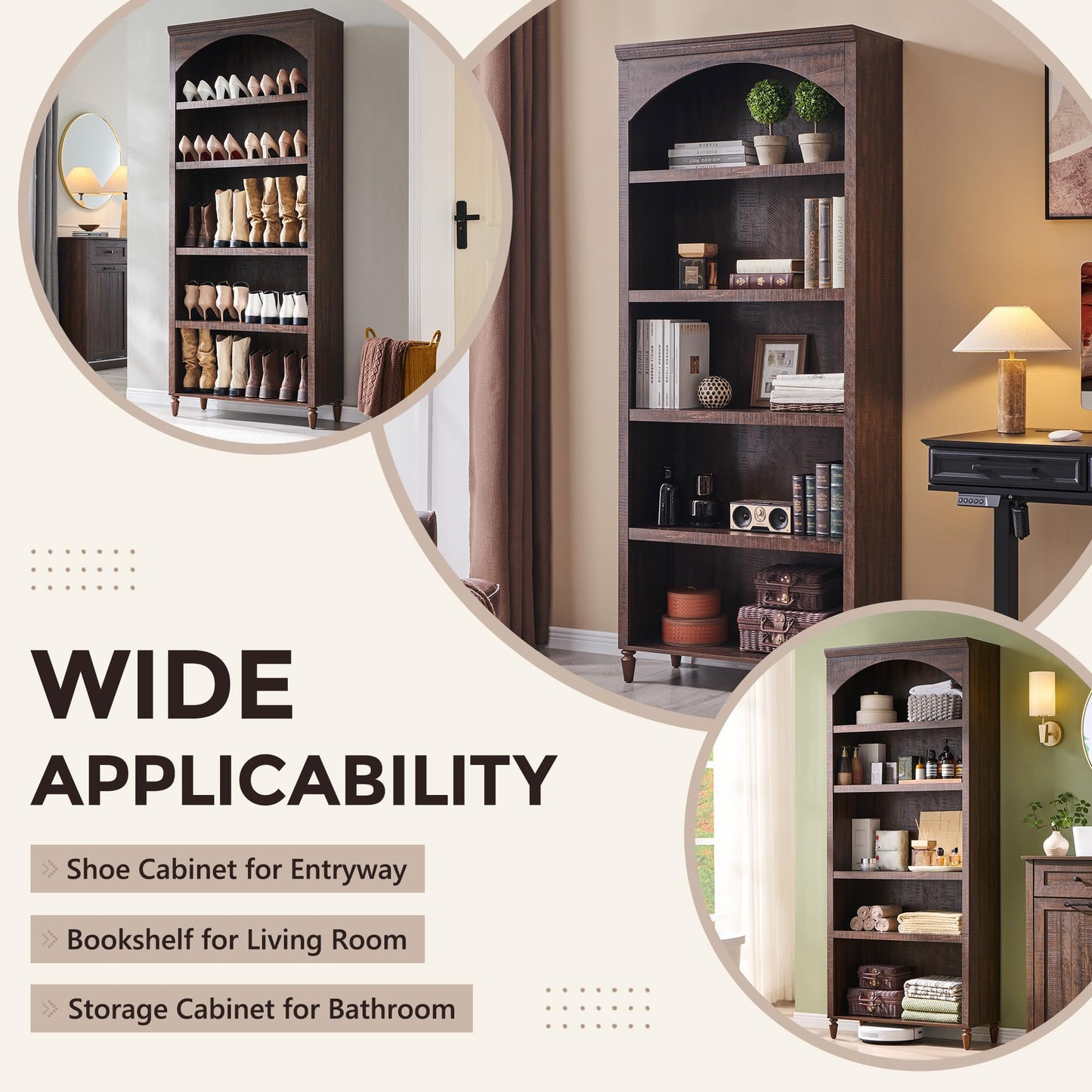 IFGET 76" Tall Arched Bookcase, Farmhouse 5 Tiers Large Arched Bookshelf Cabinet with Adjustable Shelves, Modern Wooden Book Shelf w/Storage and Open Display Shelves for Living Room, Office-Brown