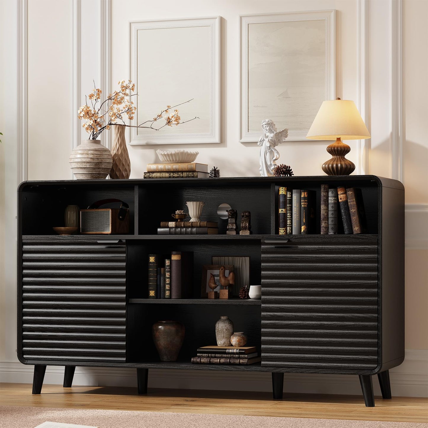 Lefurture 58 Inch Buffet Cabinet with Storage, Curved Buffet Sideboard w/2 Wave Doors, Open Storage Shelf, Adjustable Shelves, Wooden Coffee Bar Cabinet for Kitchen, Living Room, Black