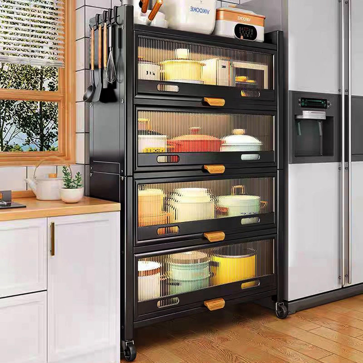 LXSJCYGJ 5-Tier Kitchen Storage Cabinet,Microwave Stand,Freestanding Kitchen Bakers Rack with 4 Rolling Casters,for Dining Room, Living Room and Study (Black, 12.6X 27.6X 57.3)