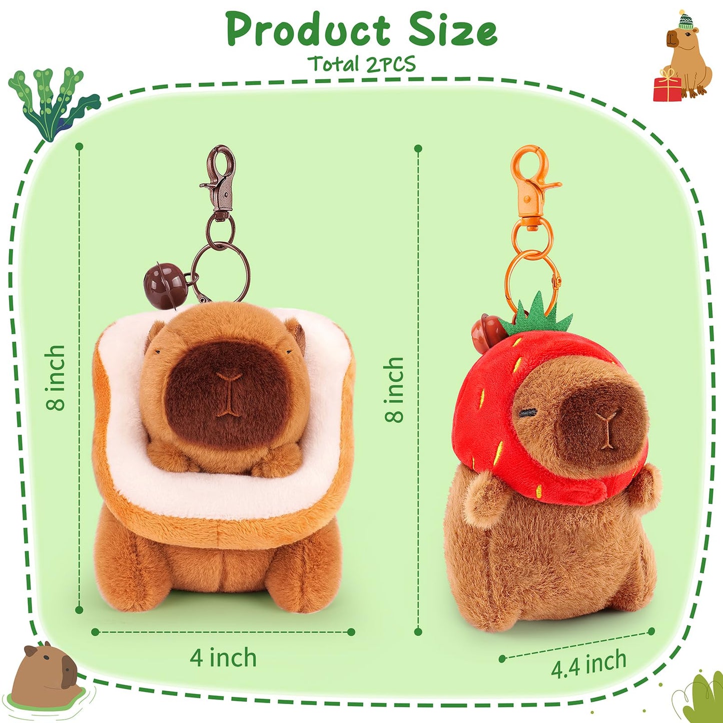 Achwishap 2PCS Capybara Plush Keychain,Cute Keychain Capybara Stuffed Animal,Soft Capybara Plushies Toys Key Chain,Kawaii Plush Stuffed Toys for Kids Adults(Capybara Strawberry Hat,Capybara Bread)