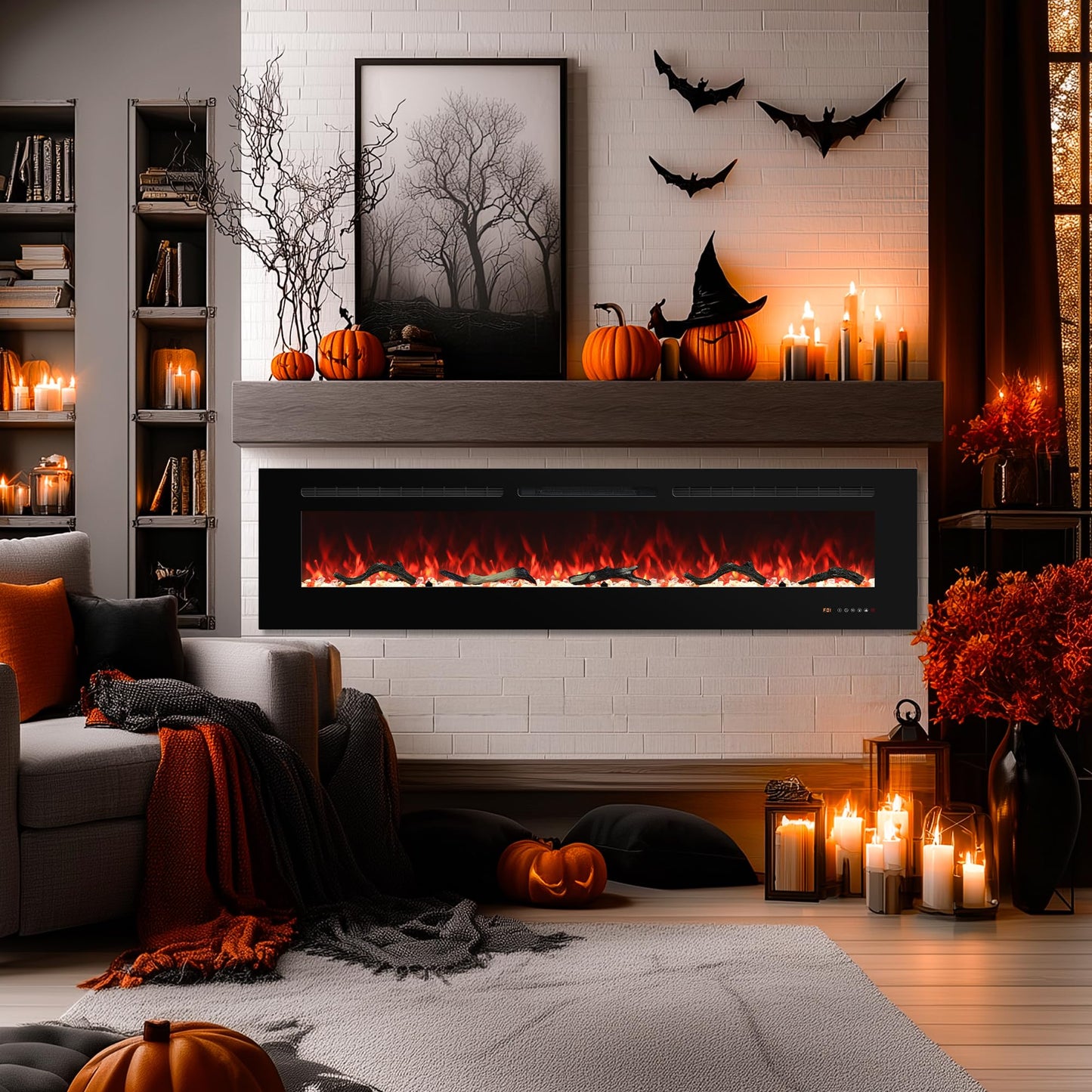 Oxhark Flame Electric Fireplace 42 inch Wide, Wall Mounted Fireplace Inserts Electric Heater, 13 * 13 Flame Effects Like Real Flame, Low Noise, Timer & Thermostat Setting, 750W/1500W, Black