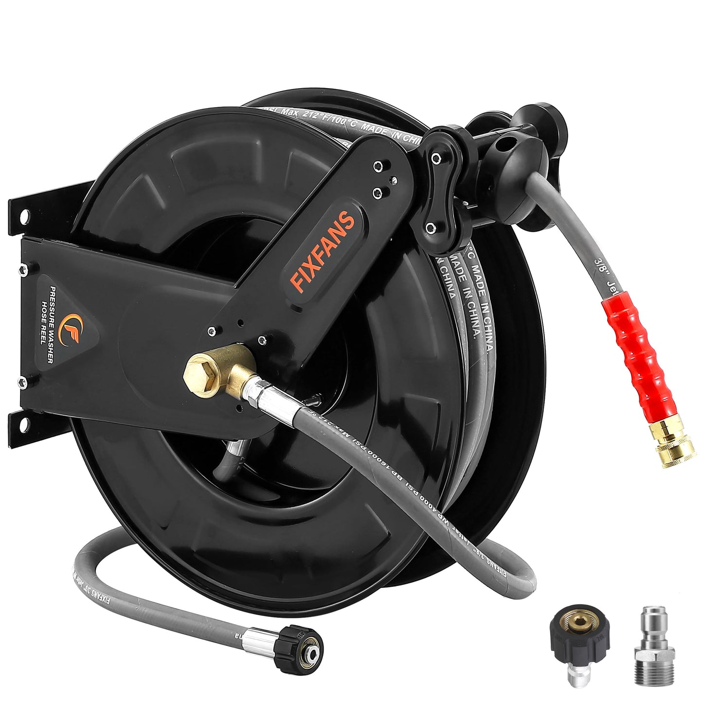 FIXFANS Pressure Washer Hose Reel with Hose for Hot and Cold Water, 3/8" X 50 FT Steel Auto-Retractable High Power Wash Hose Reel, Heavy Duty Hose Reel - Wire Braided Hose 4000 PSI, Black