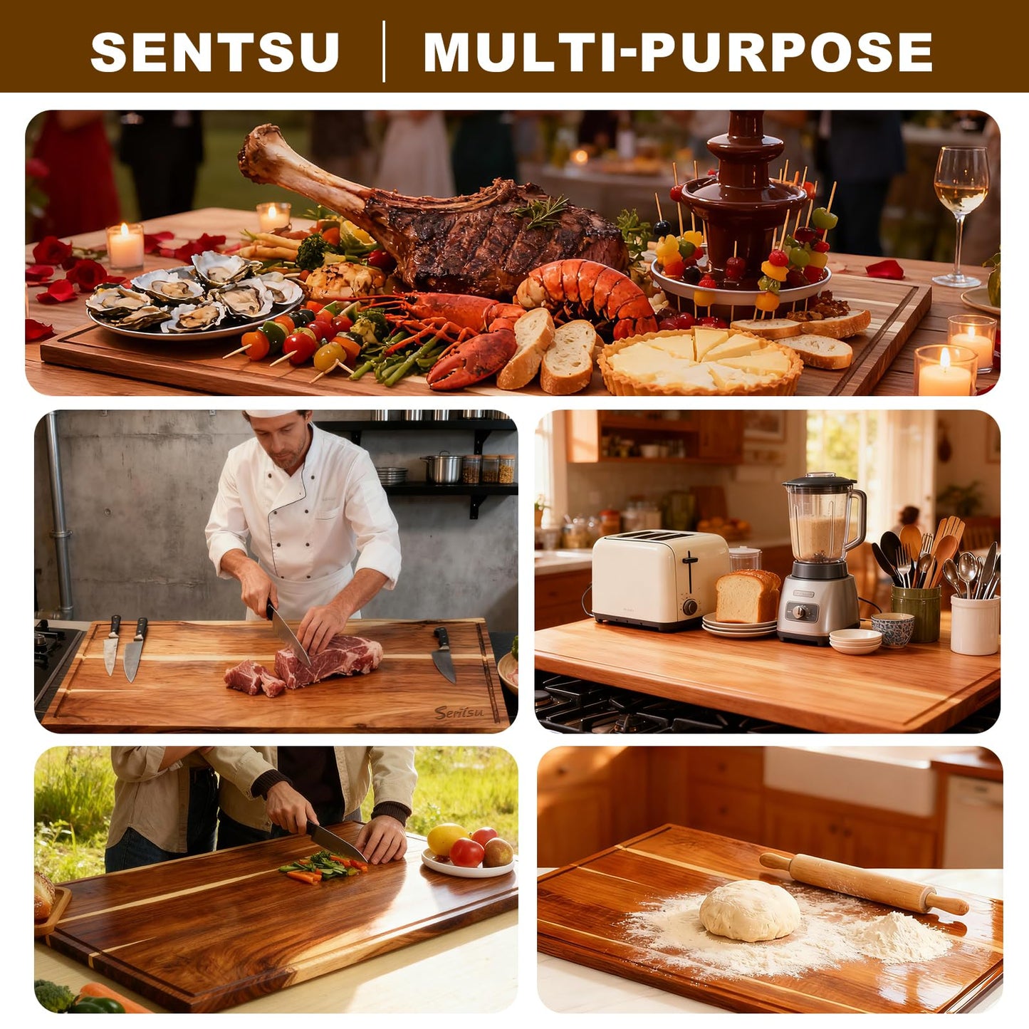 Sentsu Acacia Wood Cutting Board 36 x 24, Extra Large Wood Cutting Board for Kitchen, Butcher Block Cutting Board with Juice Groove and Handles, Stove Top Cover and Large Charcuterie Board