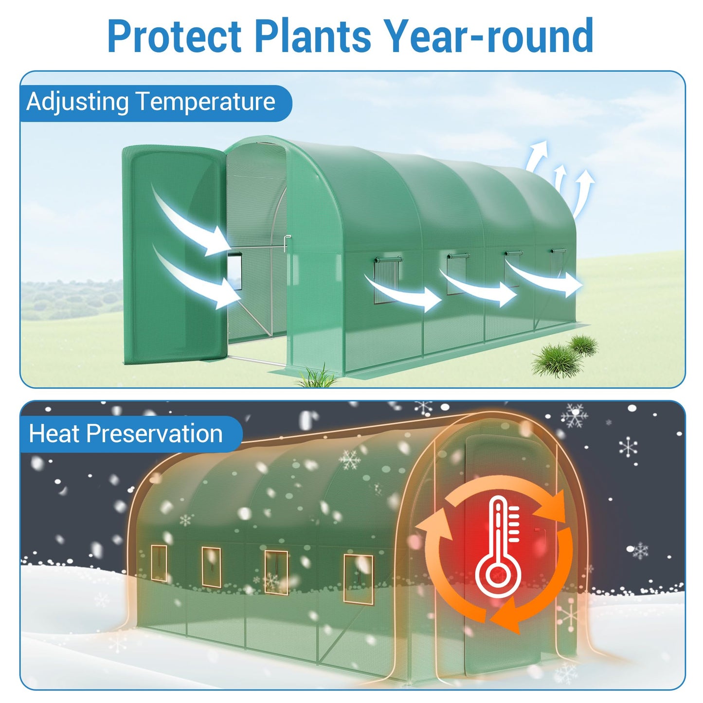 15x7x7FT Walk in Greenhouses for Outdoors - Heavy Duty Galvanized Steel Hoop Green House with PE Cover, 8 Windows & A Swing Door, Plant Tunnel for Gardening, Vegetables & Year-Round Growing