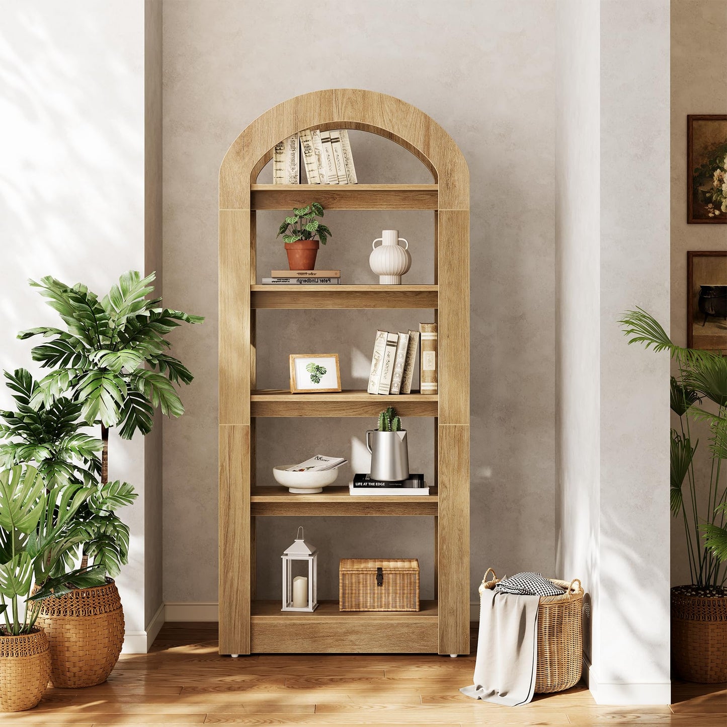 LITTLE TREE 5-Tier Bookshelf, Arch-Shaped Racks, Tall Standing Wooden Bookcase Display Shelf Modern Storage Solution (1, Teak Color)