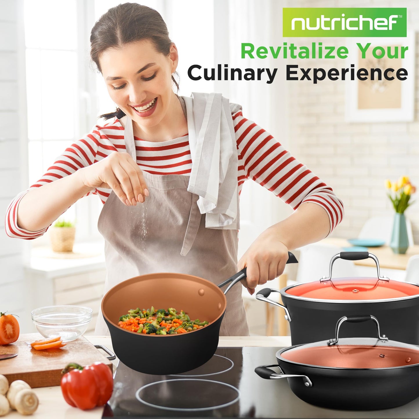 NutriChef 14-Piece Non-Stick Pots and Pans Set - Induction Ready Multi-Sized Cooking Pots with Lids, Small and Medium Frying Pans with Slotted Spatula, Pasta Server, Soup Ladle, Silicone Handles