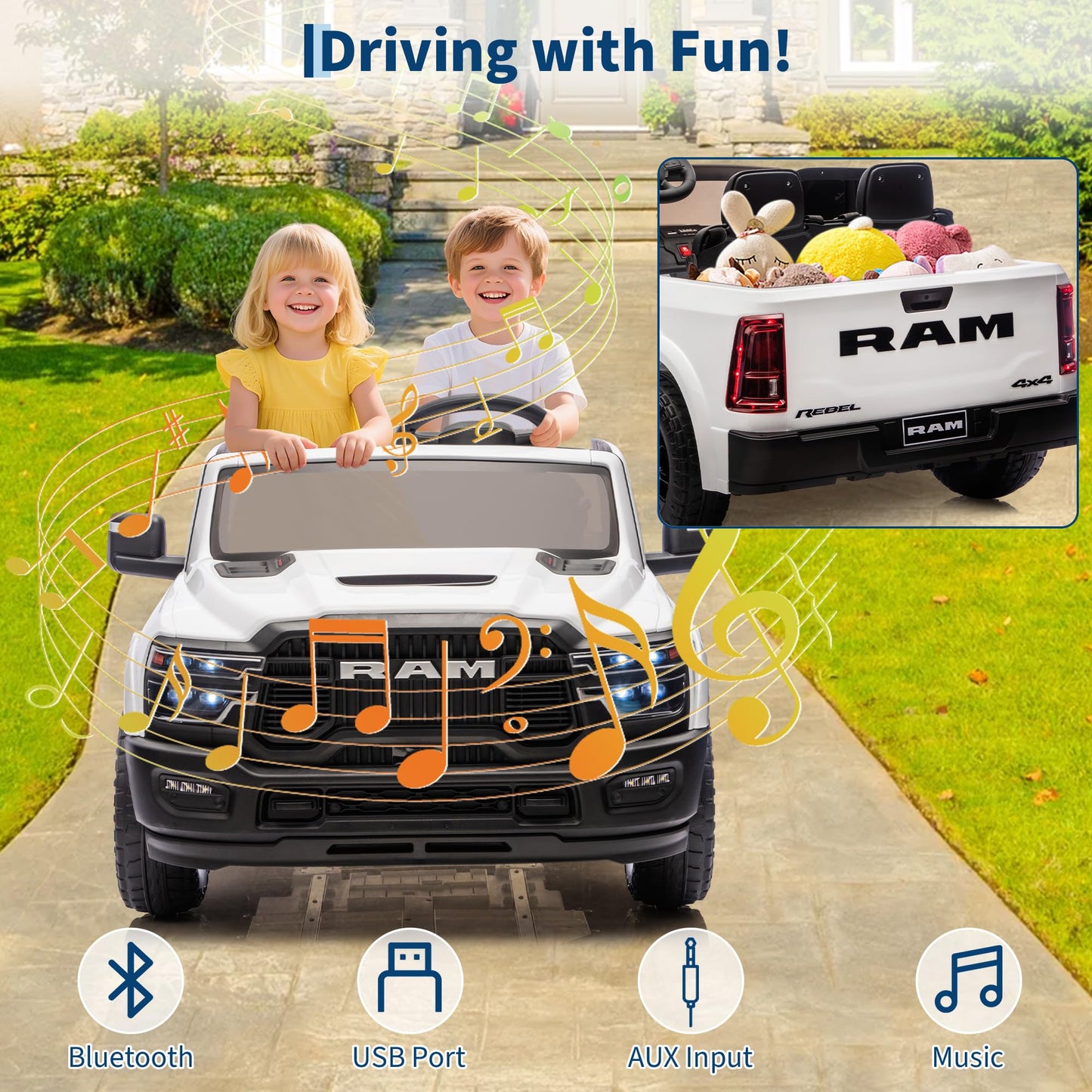 Licensed RAM 2500, 2 Seater Electric Car for Kids, 24v Ride on Truck w/Remote Control, Toddler Ride on Toys w/Bluetooth, Spacious Truck Bed, 3 Speed, LED Lights, Suspension, Gifts for Boys Girls