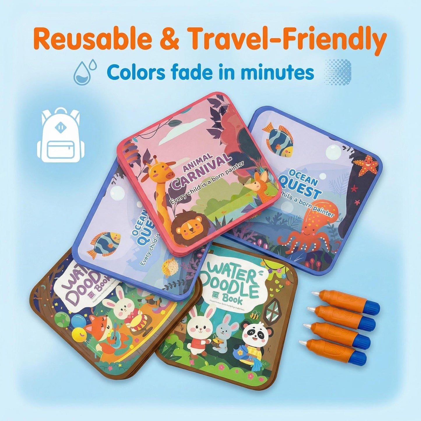 Water Painting Book for Kids 4 Pack - Reusable Magic Water Coloring Books with 36 Pages & 4 Water Pens, Mess-Free Art Activity Toys for Toddlers Ages 3-5, Educational Travel Toys Gift for Boys Girls