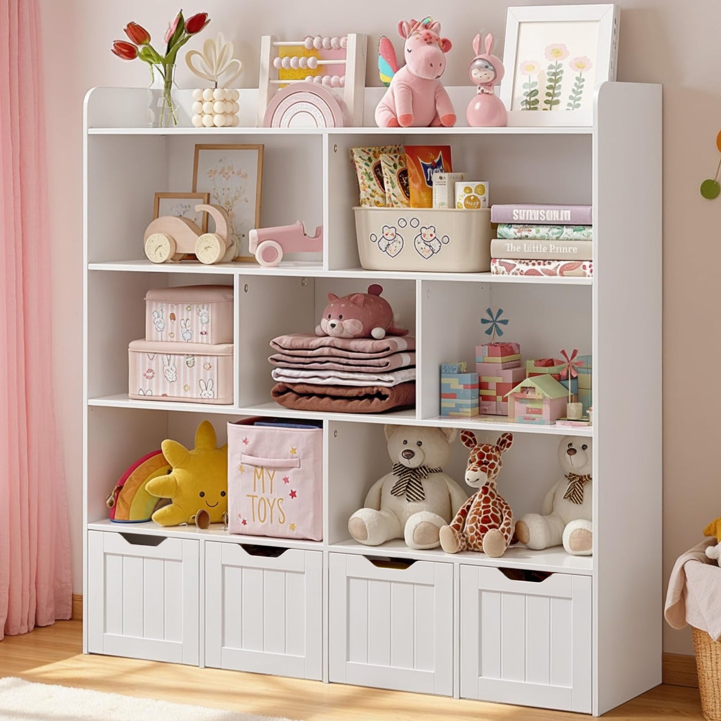 Gizoon Toy Storage Cabinet and Kids Bookcase with 4 Movable Drawers and 8 Open Shelves Toy Chest Shelf Organizer with Hidden Wheels for Playroom Nursery Kids Room, White