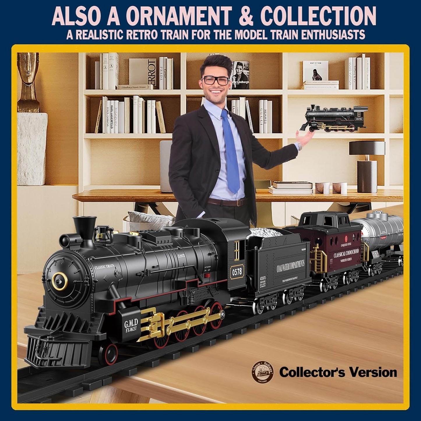 Electric Remote Control Train Set Christmas Trains Steam Locomotive, Cargo Car & Tracks, Rechargeable Train Toys for Kids w/3 Smoke,Whistle & Lights, Christmas Birthday Gift for Boys Girls 3 4 5 6 7