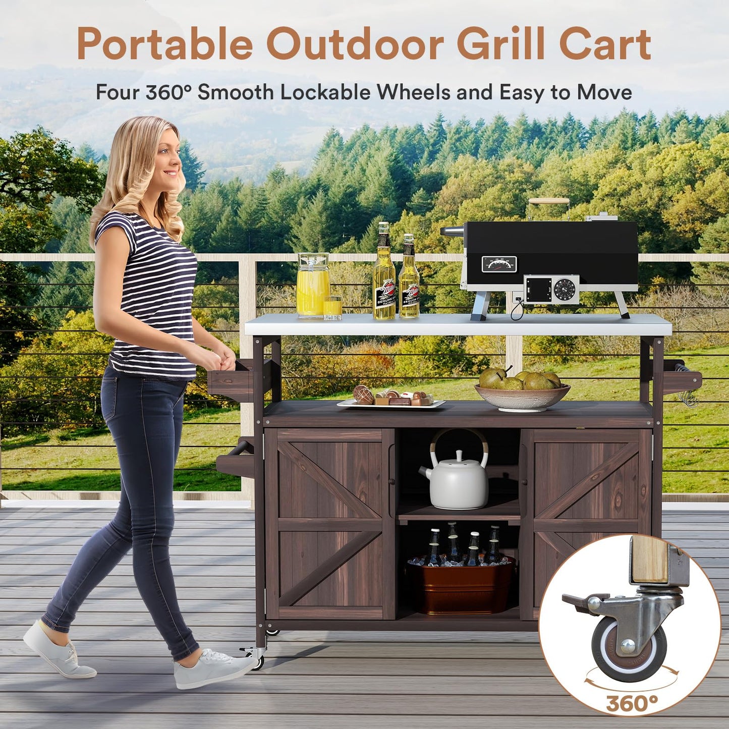 Zevemomo Outdoor Grill Cart with Storage, Stainless Steel Tabletop Outdoor Kitchen Island, Fir Wood Outdoor Buffet Cabinet with Lockable Wheels for Grilling, Dark Brown
