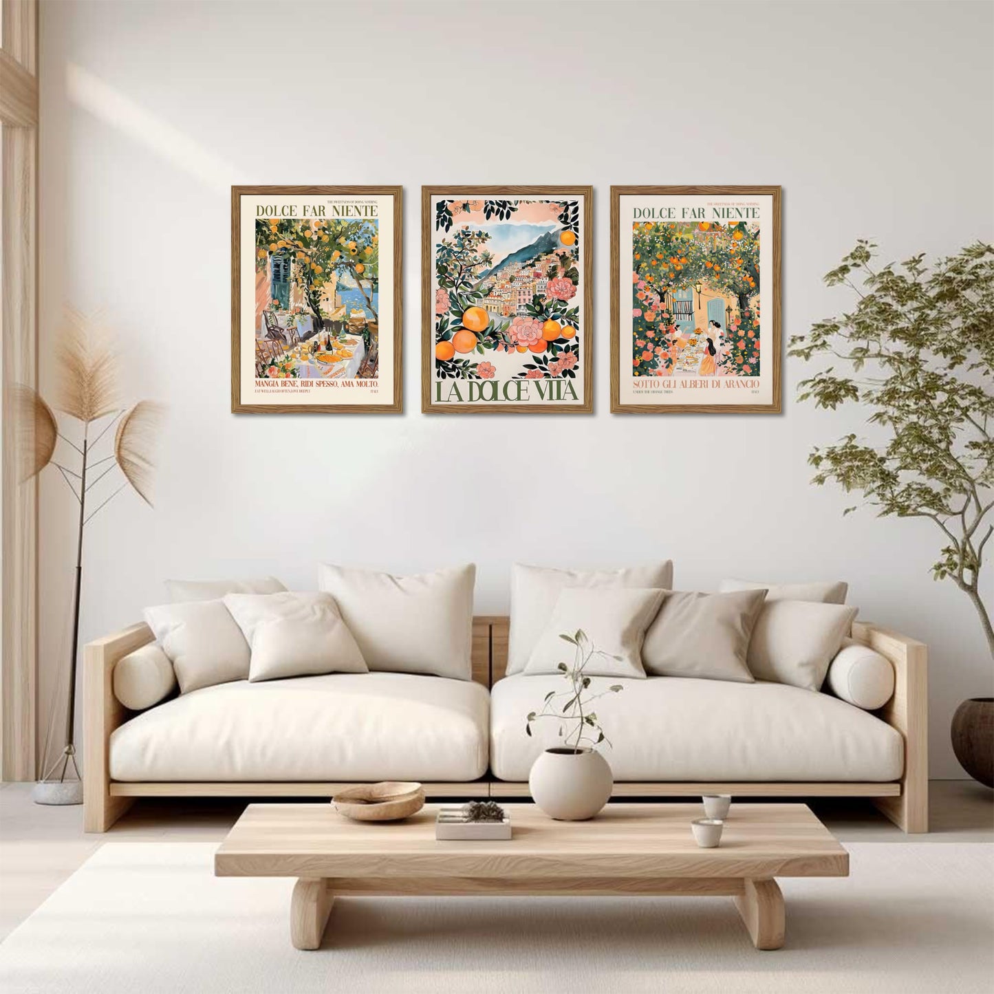 Framed Italian Scenery Wall Art Set of 3, Amalfi Coast Kitchen Wall Art, Vintage City Landscape Canvas Print, Trendy Italian Food Pictures Artwork for Living Room Dining Room – 16x24 inch