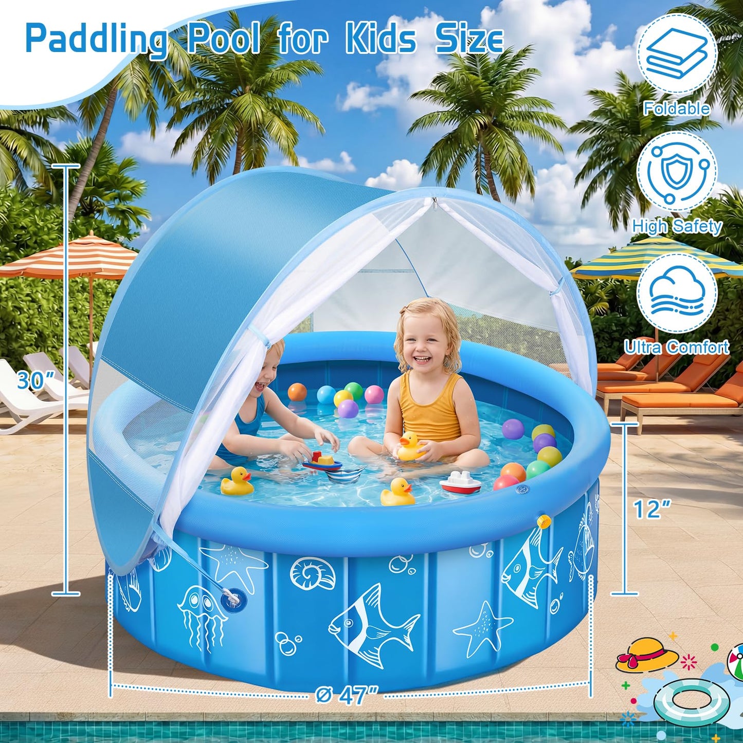 Upgraded Baby Pool with Canopy Sprinkler, 47in Foldable Kiddie Pool with Pop Up Mosquito Net, Baby Beach Tent with Sun Shade Canopy, Portable Toddler Kids Small Pool for Backyard Beach Outdoor