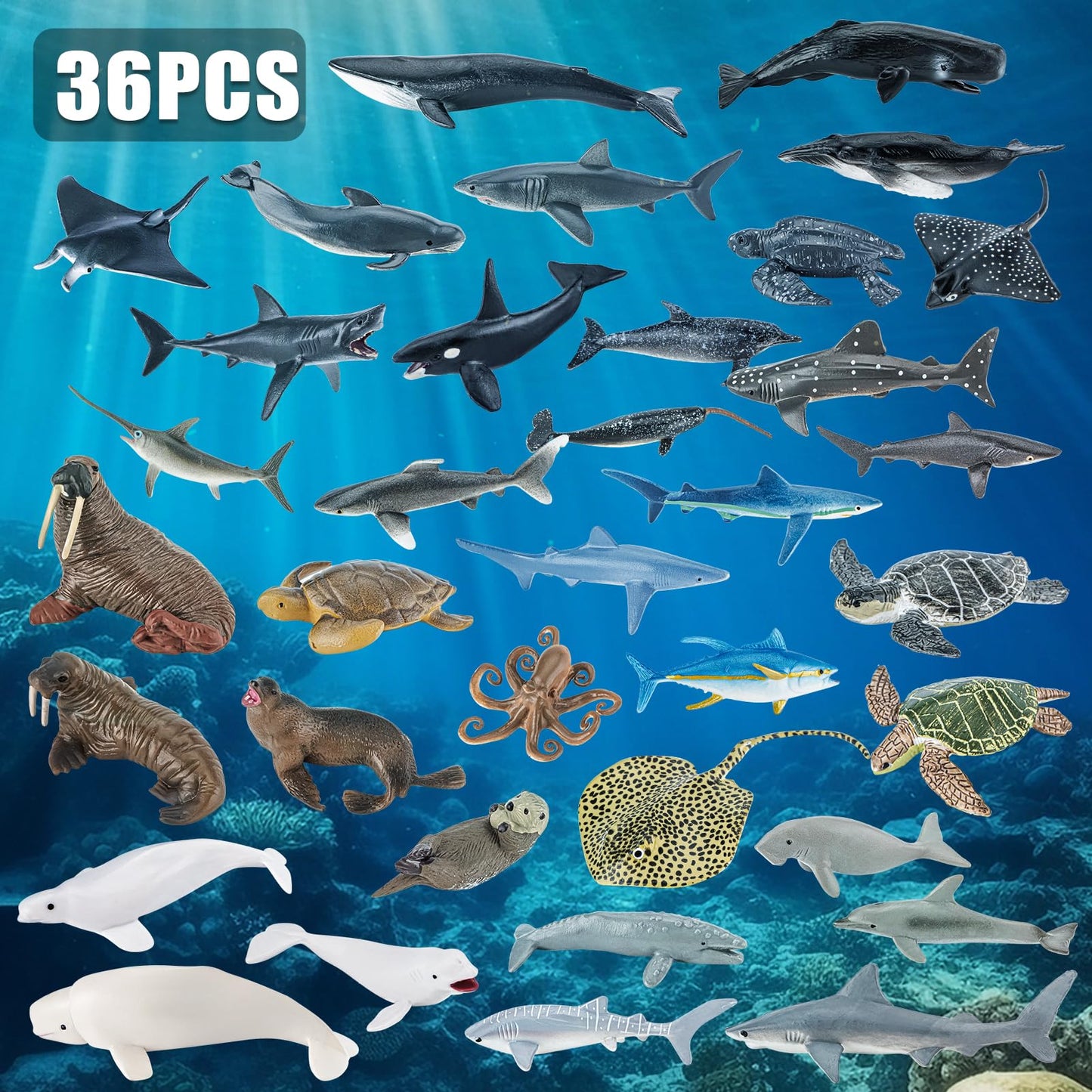 THINKBAY 36PCS Sea Animal Toys with Shark, Whale, Octopus & Other Ocean Animal FigurinesToys for Kids, Ocean Theme Cake Toppers Party Favors Birthday Gift for Boys Girls