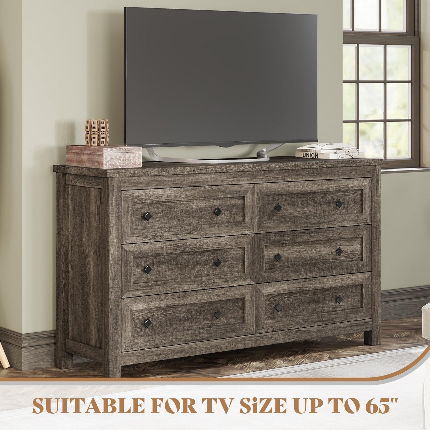 AMERLIFE 54" Wood Dresser with 6 Drawers, Farmhouse Chest of Drawers & Storage Dresser for Bedroom Furniture, Wide Drawer Organizer for Closet, Rustic Grey, Hallway