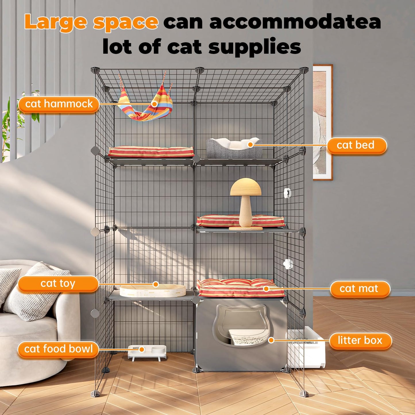 Oneluck Cat Cage with Litter Box, 4-Tier DIY Enclosures Detachable Metal Wire Kennel Catio Indoor Crate Large Exercise Place Ideal for 1-2 Cats