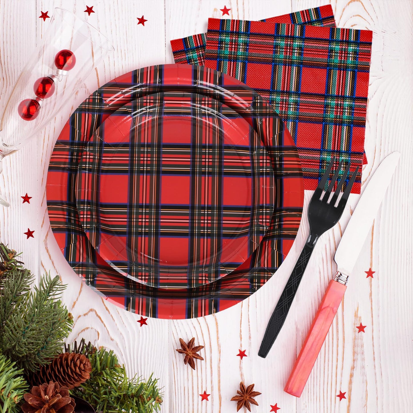 Whaline 96Pcs Christmas Plaid Paper Tableware Set Red Xmas Checkered Party Supplies Gingham Disposable Plates Napkins and Forks for 24 Guest Holiday Birthday New Year Party