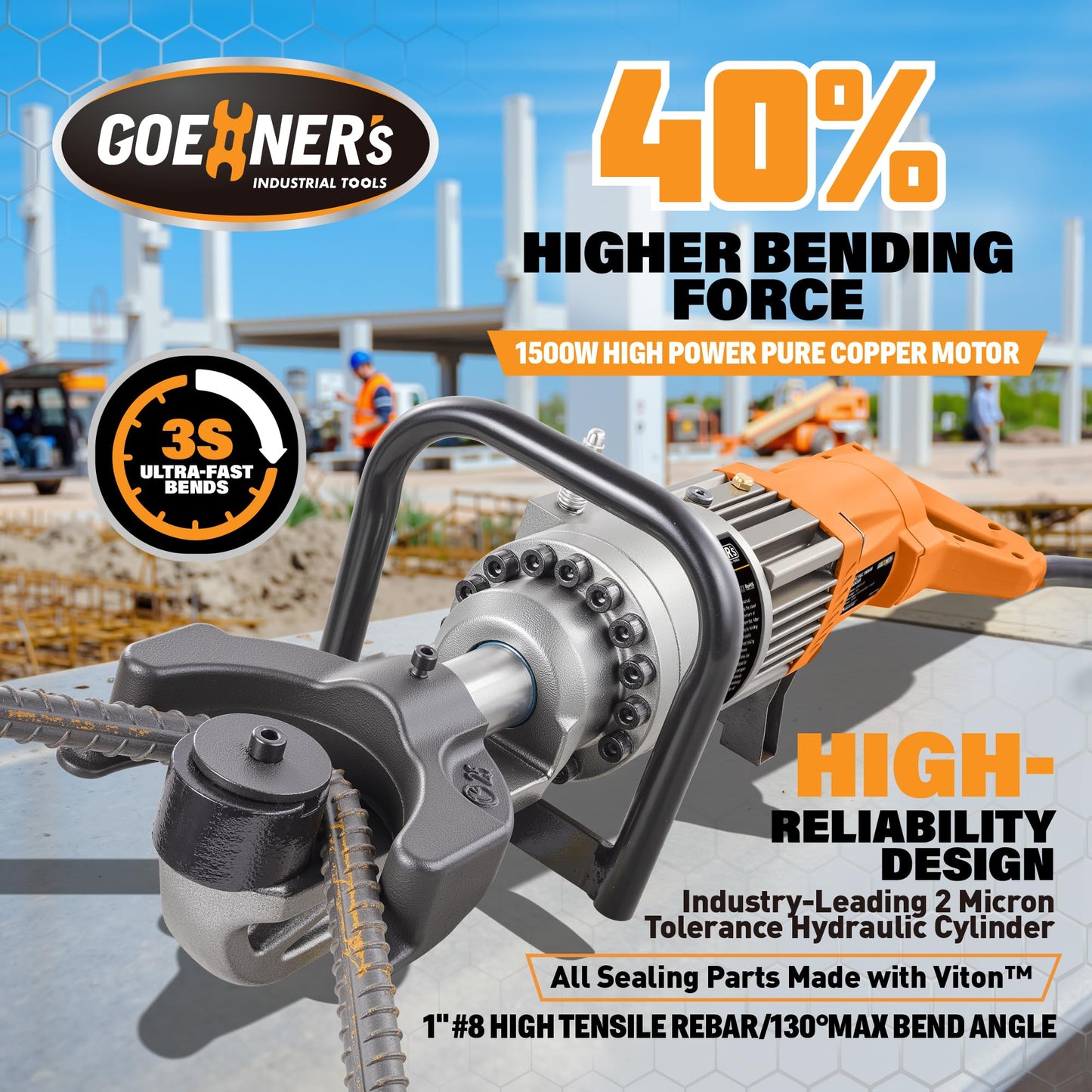 Upgraded 1500W Electric Rebar Bender, Portable Hydraulic Rebar Bending Machine up to 1 Inch 25mm #8 Rebar, Bending Angle 0-130°, Handheld Steel Rebar Bender Machine with Pure Copper Motor, 110V