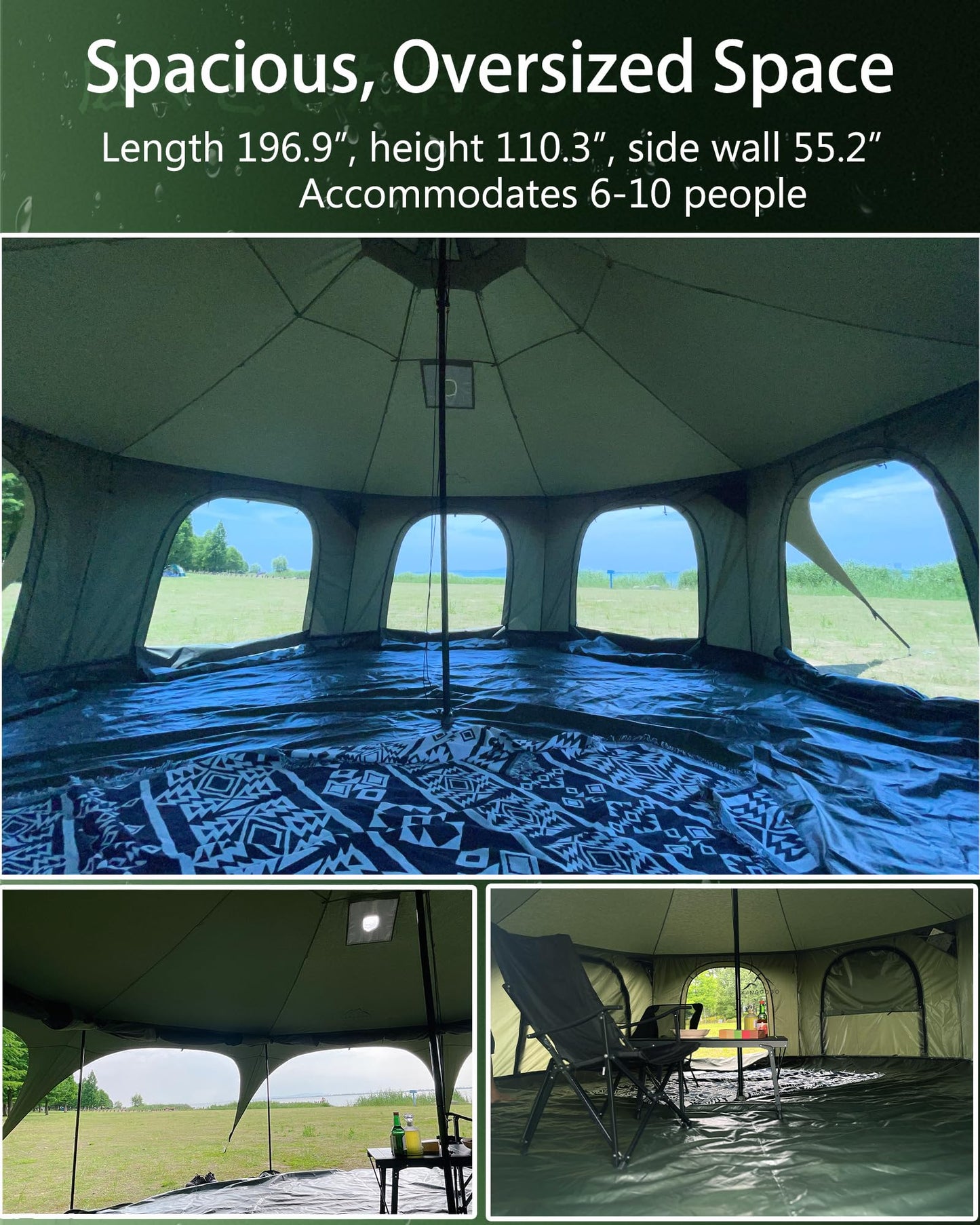 Kanggogo Cotton Canvas Tent Bell - Yurts Breathable and Windproof,Glamping for 6/8/10Person Family Camping (Green)