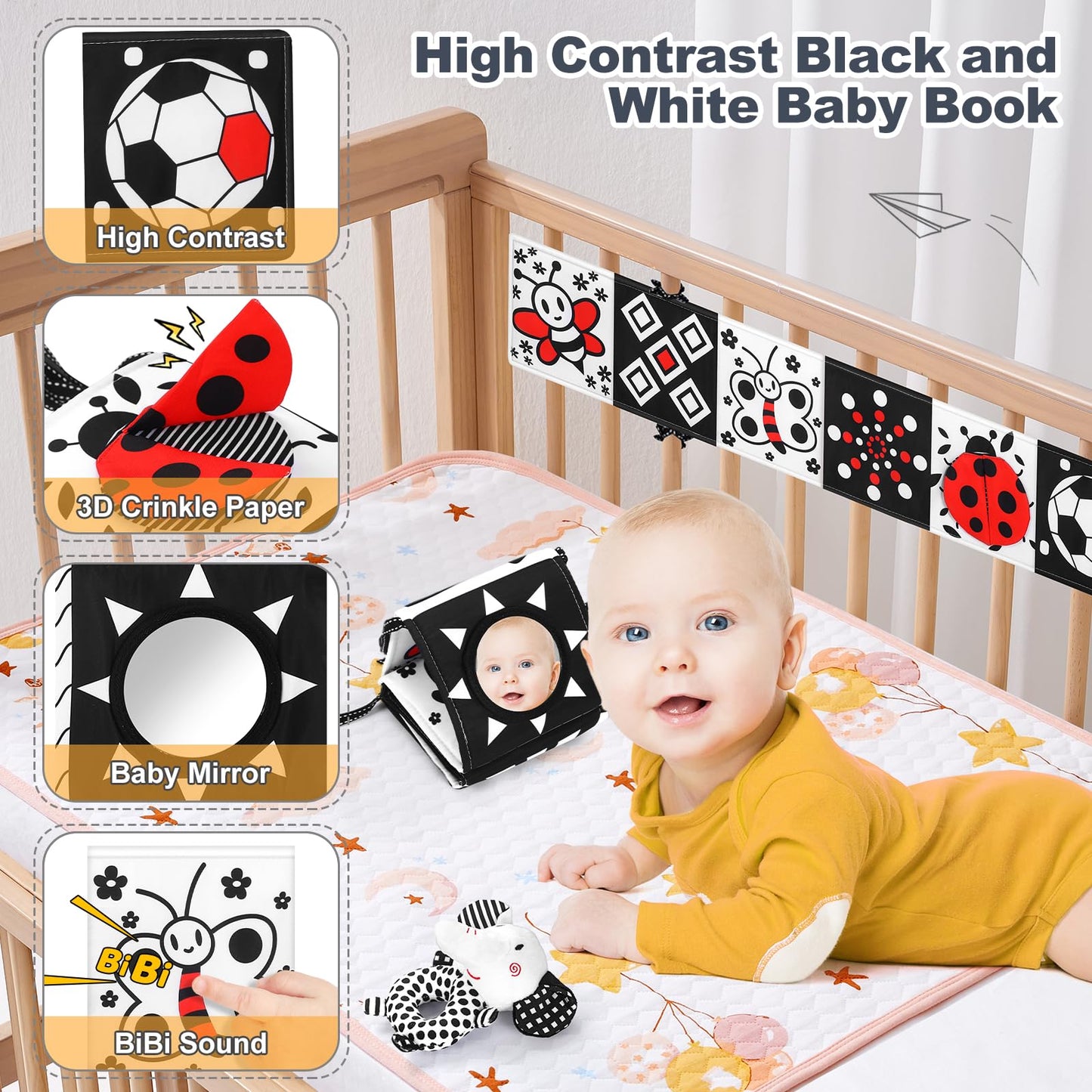 AJsupojouet Newborn Toys,High Contrast Black & White Baby Toys 0-6 Months with Sensory Cards & Rattle, Essential for Brain Development, Tummy Time & Car Seat Toys for 0 2 4 6 Month Old