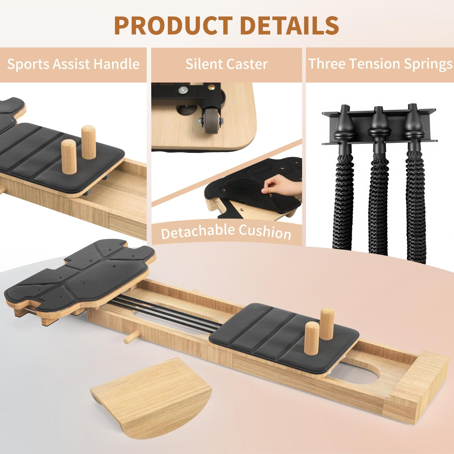 FIRRLUCO Pilates Reformer Machine,Wooden Foldable Pilates Board, Multifunctional Stable Pilates Reformer Board for Home Workout, Three Level Tension Adjustment, 6 in 1 Pilates Equipment for Woman
