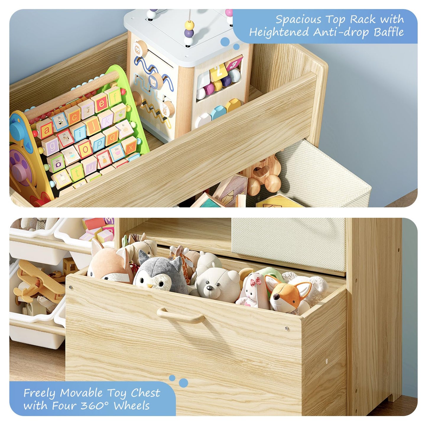 EXPERLAM Toy Storage Organizer for Kids, 9-Bin Toy Organizer with 2-Drawers, Movable Toy Chest and Top Rack, Multifunctional Kids Bookshelf and Toy Storage for Playroom, Bedroom, Nursery, White