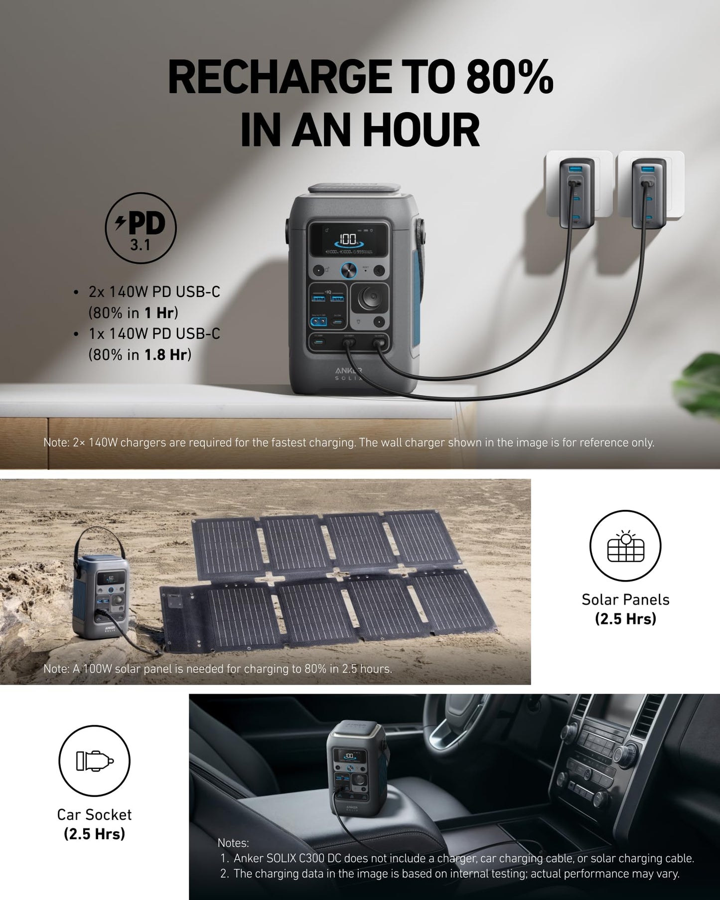 Anker SOLIX C300 DC Power Bank Station with Car Charging Cable, Outdoor 288Wh, Portable Power Station, LiFePO4 Battery, 300W Solar Generator, for Camping, Traveling, and Emergencies