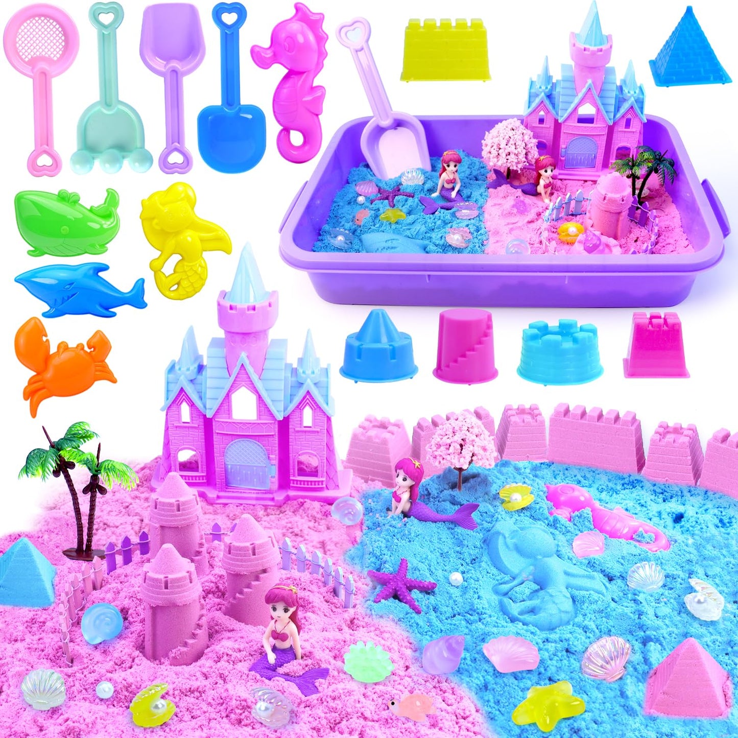 Mermaid Sensory Bin,Play Sand Art Kinetic Sand Play set Fine Motor Skills Montessori Sand Toys with 2.2 lbs Sand & Castle Molds & Sand Shovel Tools,Ocean Theme Educational Toys for aged 3-8 Girls