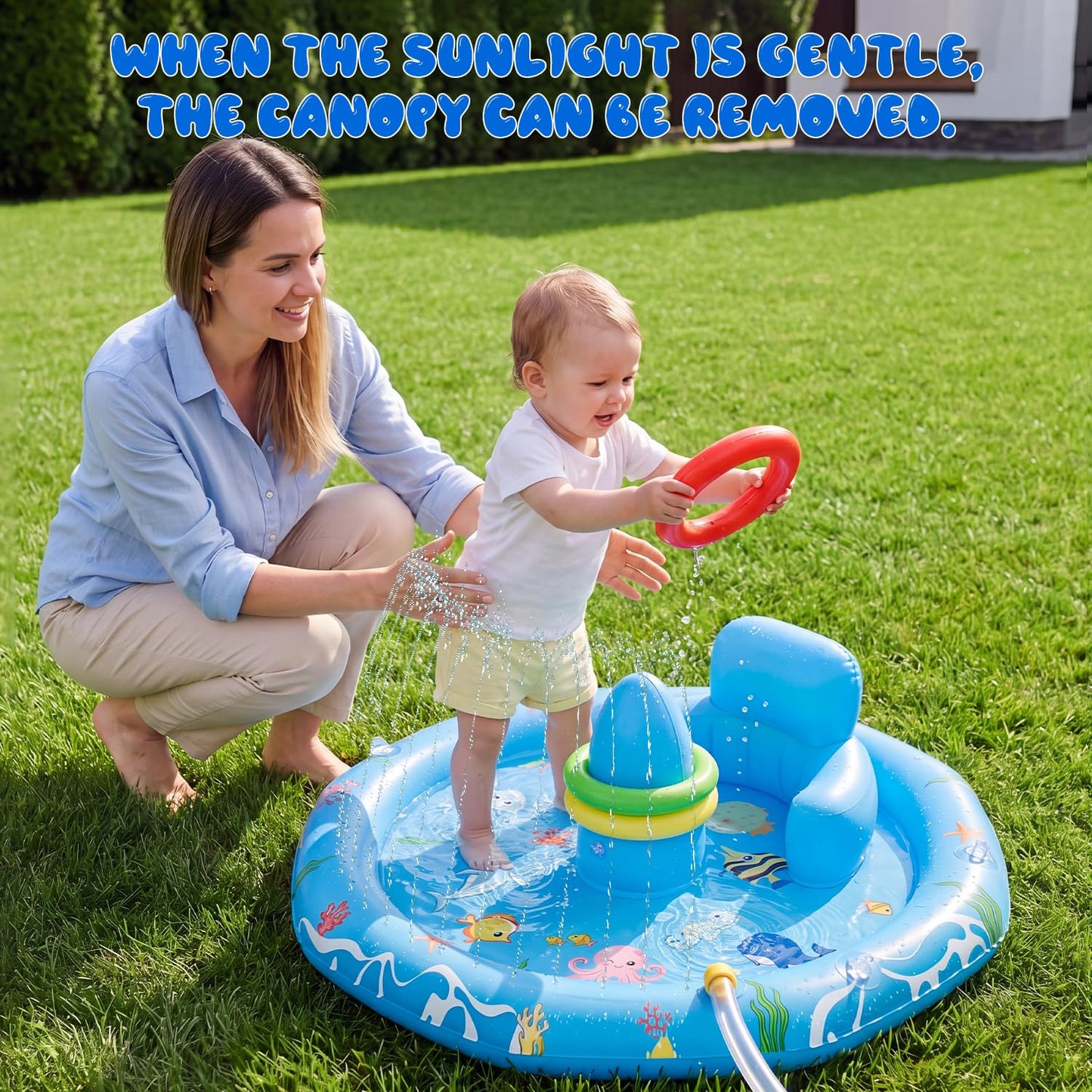 Verdenu Baby Splash Pad with Canopy, Baby Play Mat with Sprinkler, Toddler Splash Sprinkler Pad with Backrest & Stackable Rings, Summer Outdoor Water Play Toys for Boys Girls