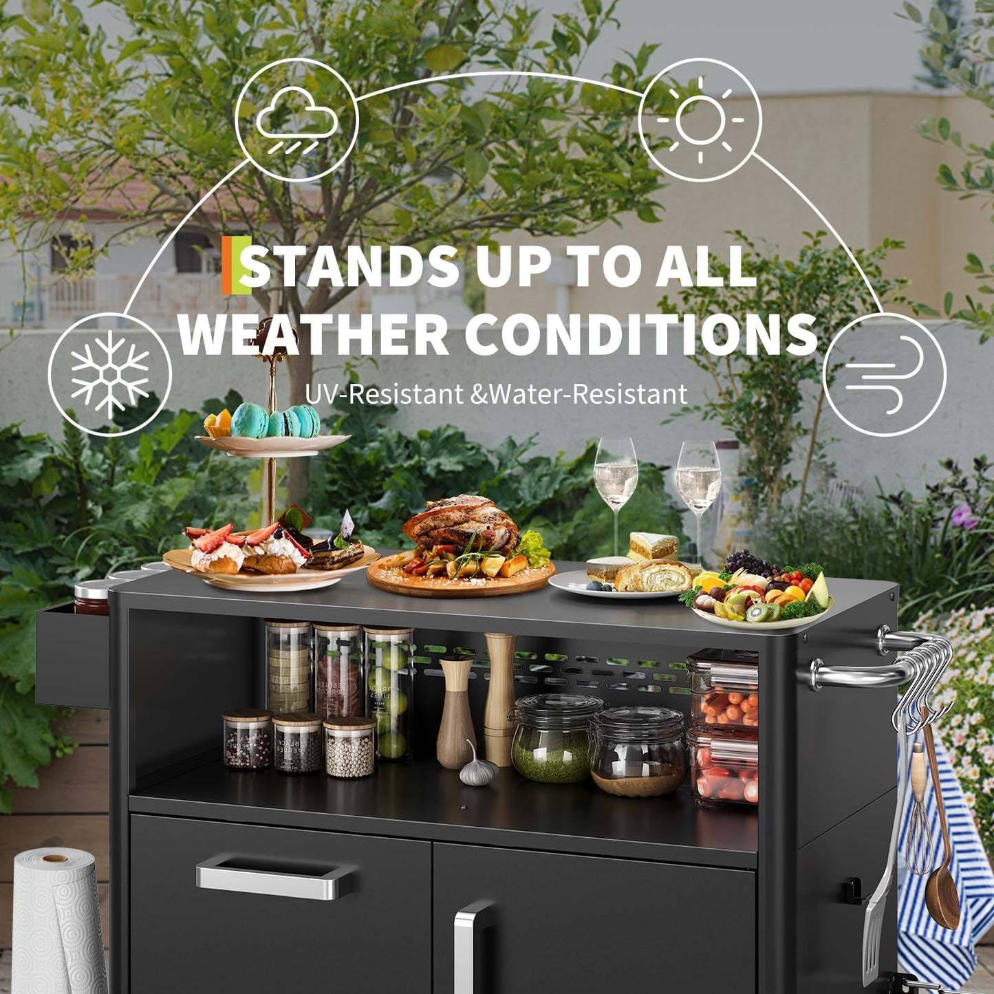 Heavy Duty Outdoor Grill Cart with Stainless Steel Prep Table, Lockable Wheels, Large Storage Cabinet, and Island Table for Patio or Kitchen