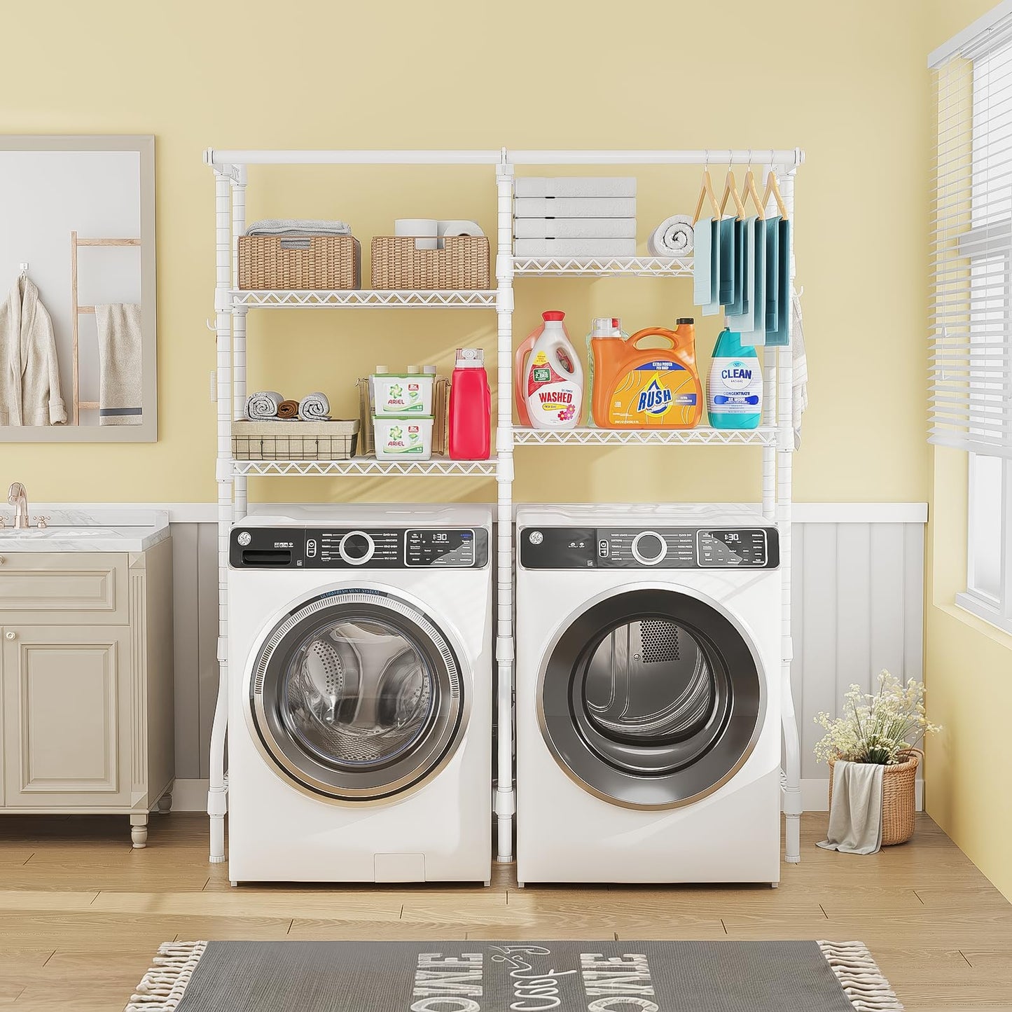 ULIFHOME U14 Over Washer and Dryer Storage Shelves, 4 Tiers Laundry Room Storage and Organizer System, Space Saving Clothes Drying Rack with 2 Clothes Hanger Rods, 66.5" W x 20.5" D x 77.4" H, White