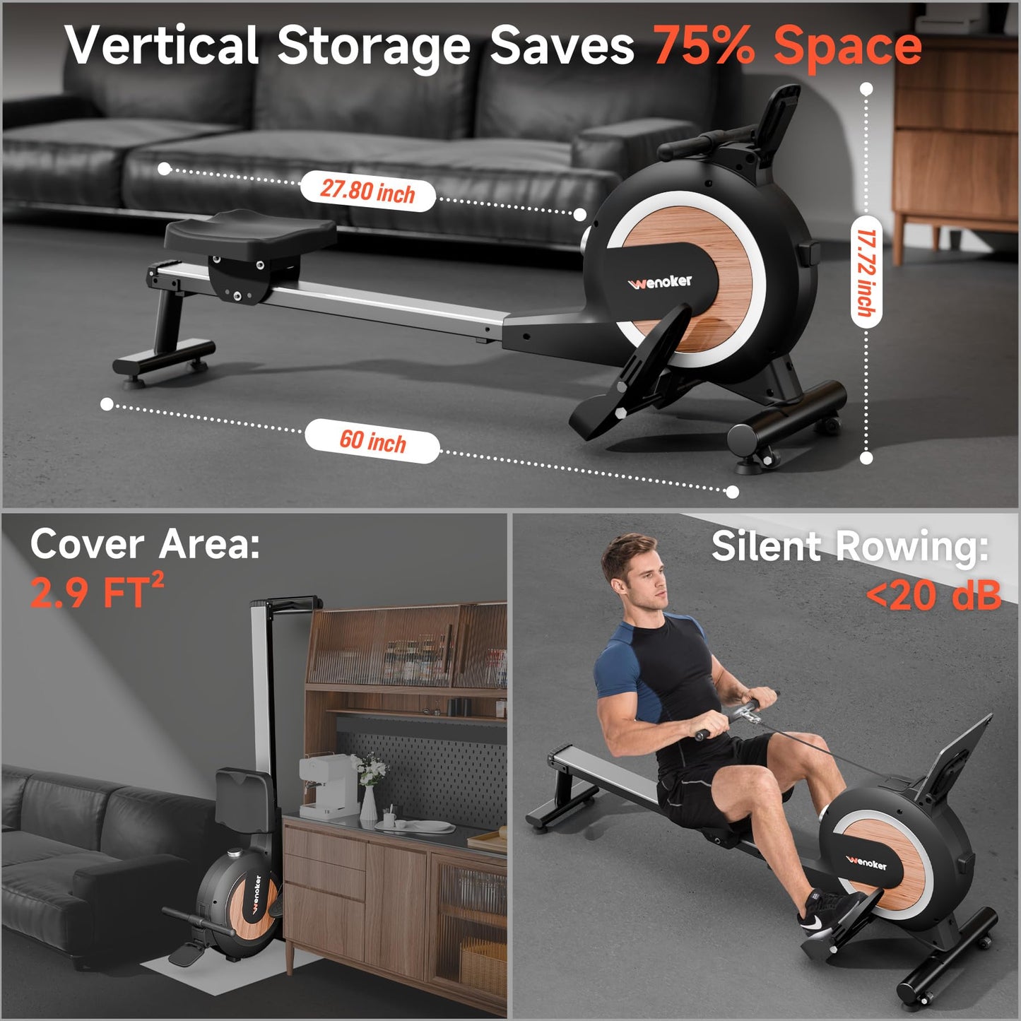 WENOKER Rowing Machine, Magnetic Rowing Machine for Home, Upgraded 32-Levels Quiet Resistance with Smart Electronic Knob, 355 LBS Weight Capacity, Compact Rower Machine Easy Assembly, App Supported