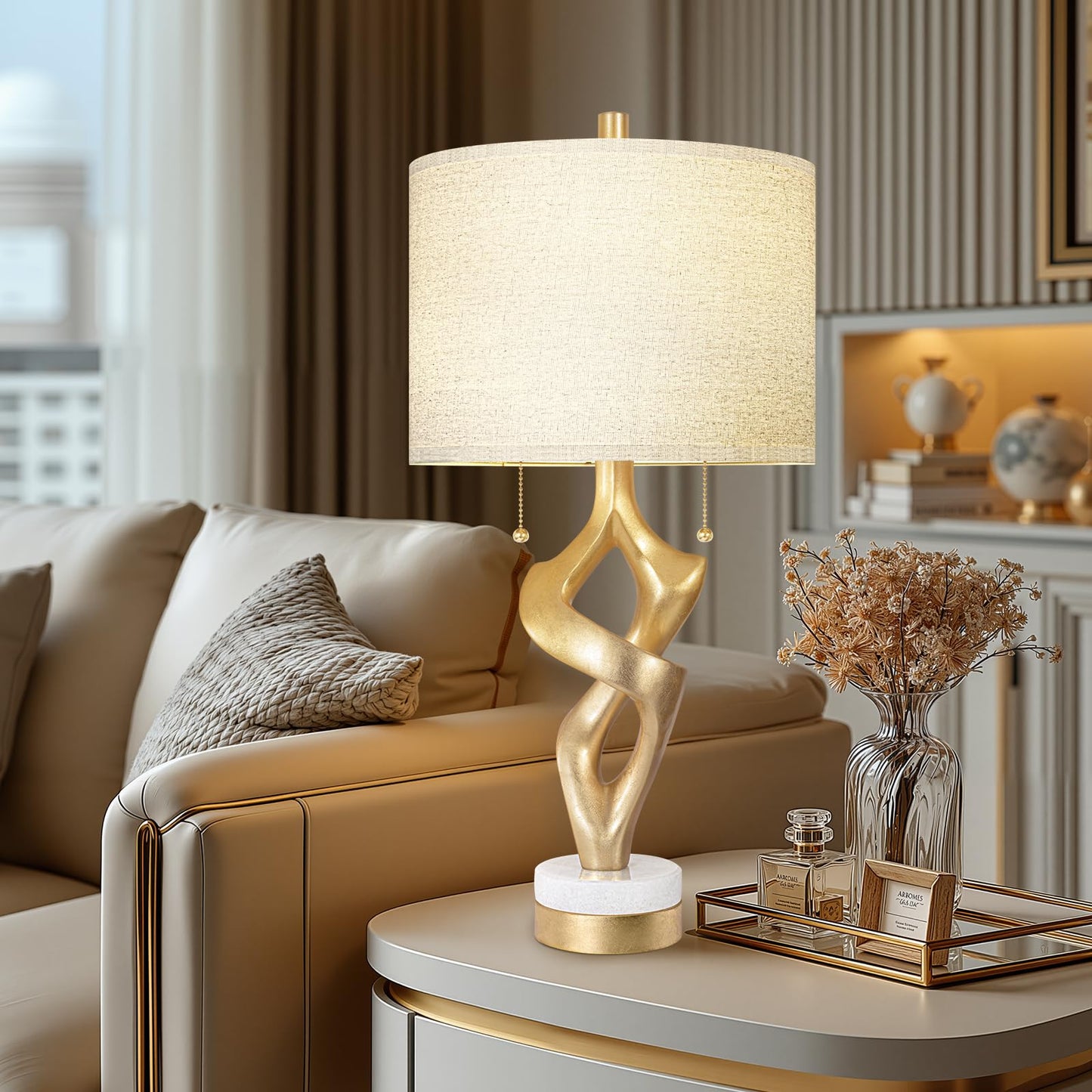 Scenekoy Sculptural Table Lamp Set of 2 with USB Ports for Bedroom Living Room, 26” Gold Leaf Marble Base Bedside Lamps, Pull Chains Switch Modern Nightstand Lamp for Home Room Decor (Bulbs Included)