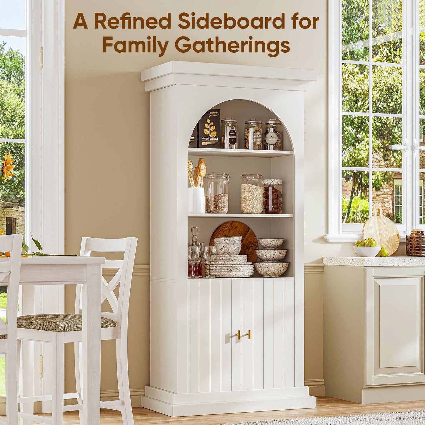 Myricore 71" Arched Kitchen Pantry Cabinet, Tall Half Open Storage Cabinet with Drawers, Modern Display Hutch for Dining Room, Living Room, White with Gold Handles, 3 of Set