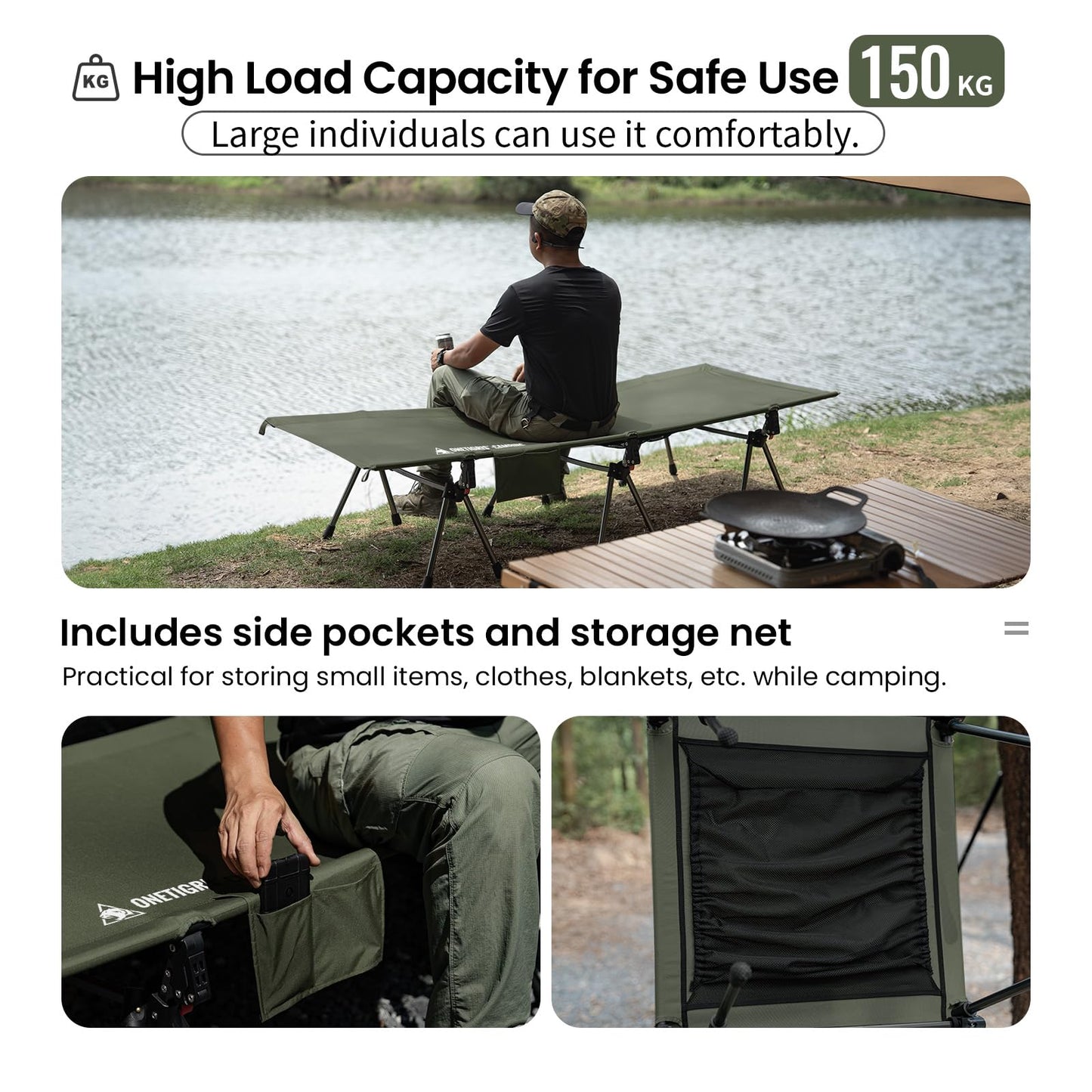 ONETIGRIS SUPRANUBIS Camping Cot, Height Adjustable with Cot Leg Extenders, Strong Support 330lbs, Lightweight Comfortable Folding Bed for Camping, Hiking, Travel, Truck, Beach, Office Nap