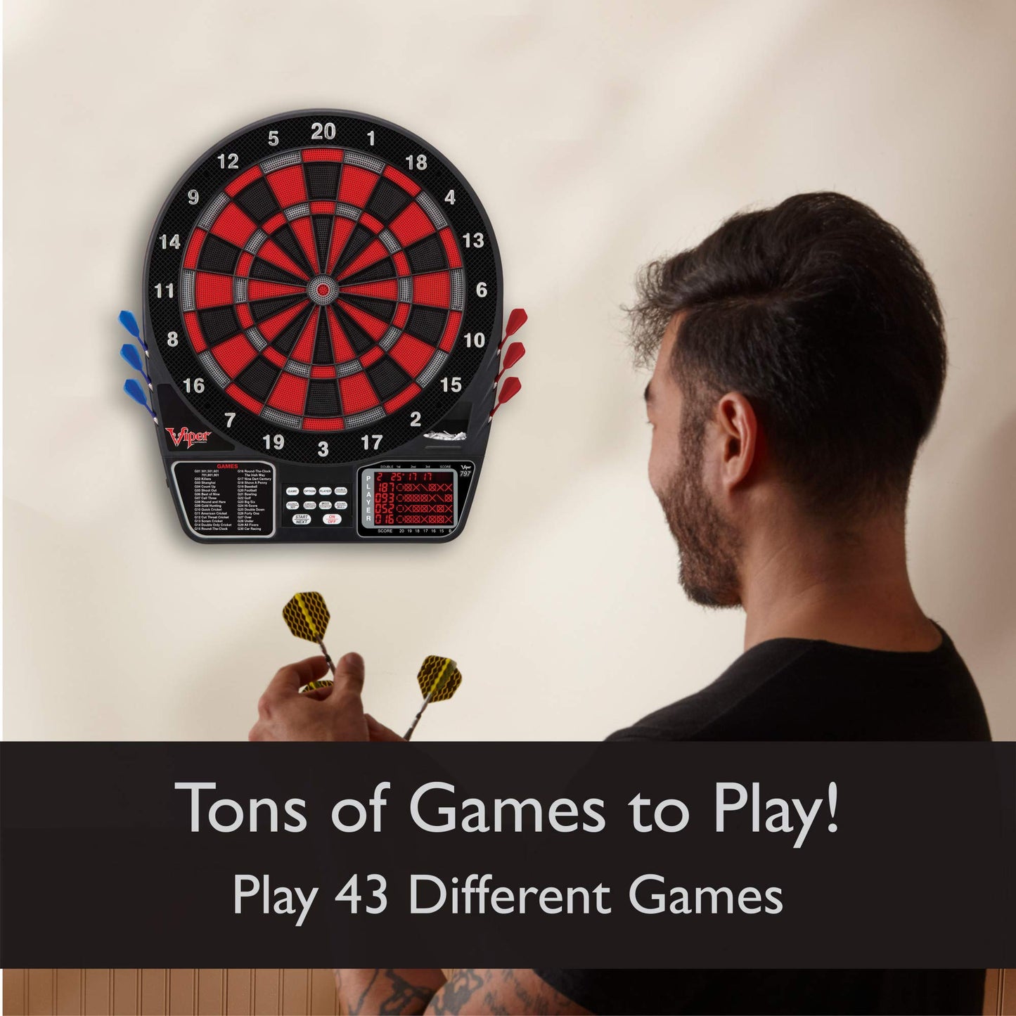 Viper by GLD Products 797 Electronic Dartboard, Quick Access To 301 And Countup From Button Interface, Extended Catch Ring, 11 Square Inch Scoreboard Display, Includes Darts And Extra Tips, 43 Games And 241 Options, Black
