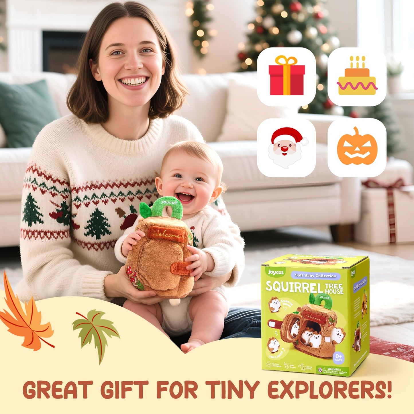 JoyCat Baby Toys 6-12 Months - Soft Baby Treehouse with 5 Sensory Squirrels - Rattle, Crinkle Paper, Squeaker, Mirror, Busy Montessori Soft Toys for Toddlers 0-3 Years Old - Easter Basket Stuffers
