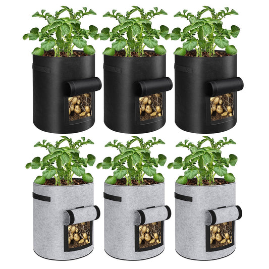 6 Pack Potato Grow Bags, 10 Gallon Planting Bags Large Fabric Pots with Flap Window Vegetable Planter Garden Pot Tall Potato Growing Containers with Handles for Vegetables, Fruits, Black + Grey