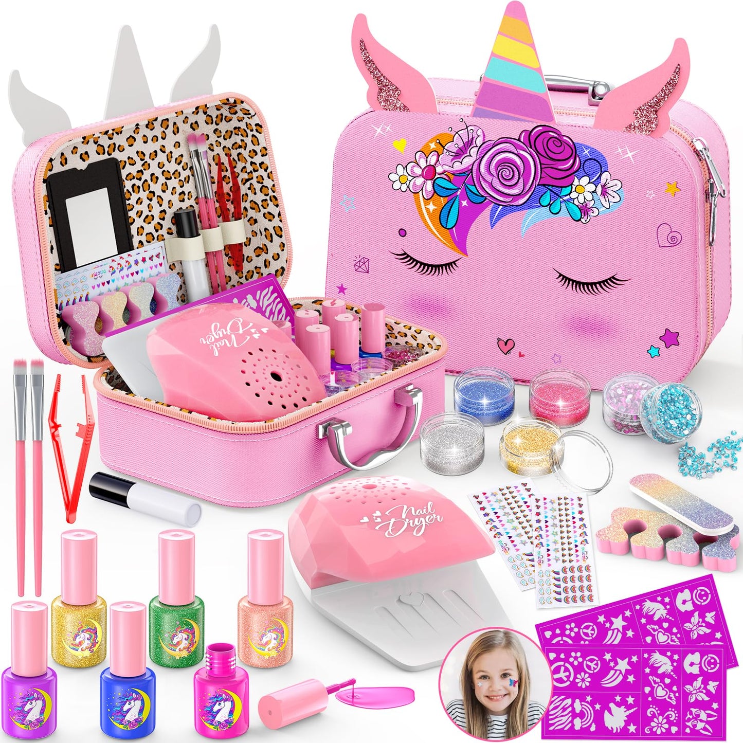 Kids Nail Polish Set for Girls, Nail Art Kit with Nail Dryer & DIY Nail Stickers, Nail Kit Toys for Girls with Non-Toxic Nail Polish, Age 3-12 Little Girl Gift Toys- Pink